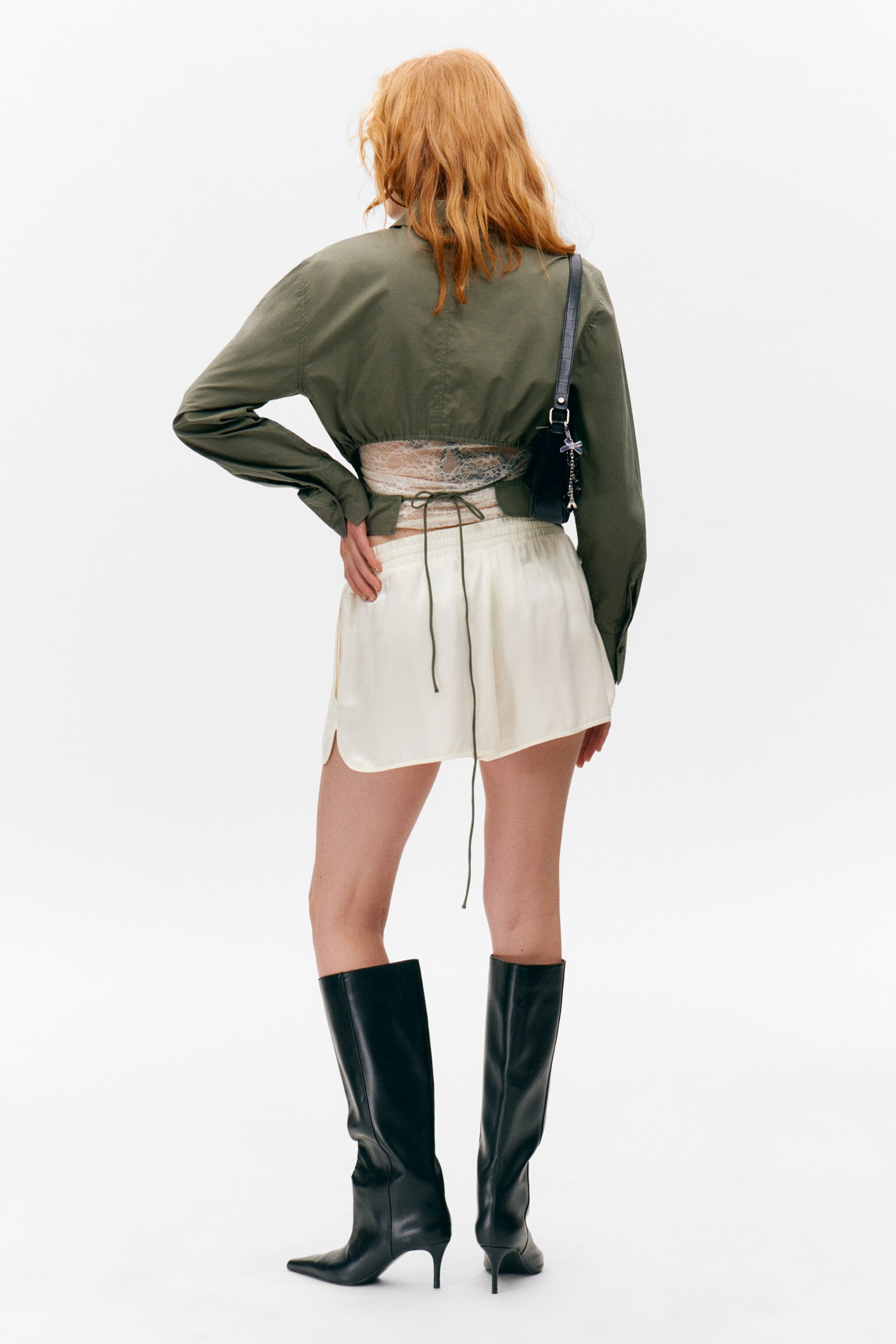 Cropped Open Back Shirt - Dark Khaki Green - 4
