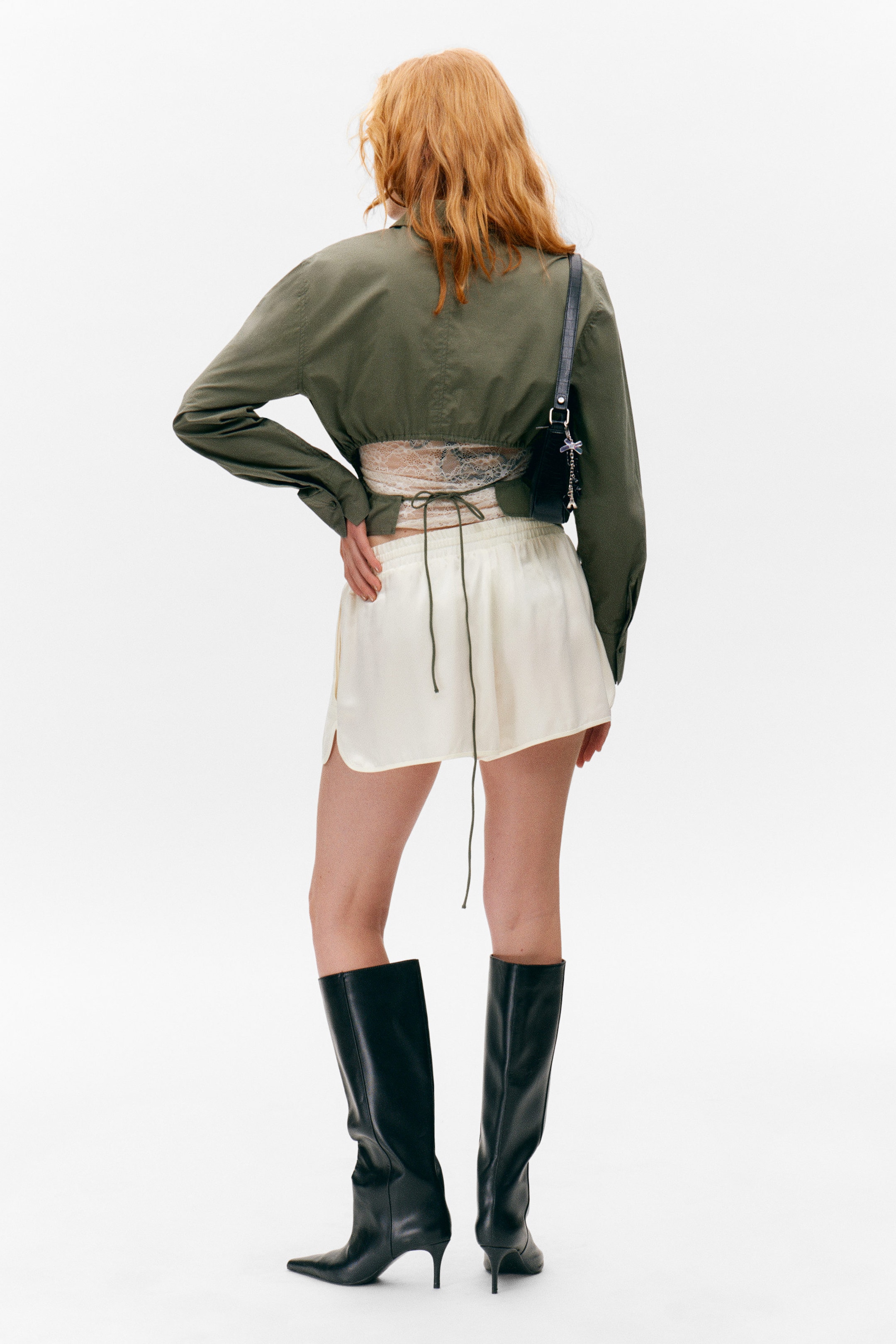 Dark Khaki Green - Cropped Open Back Shirt - 3