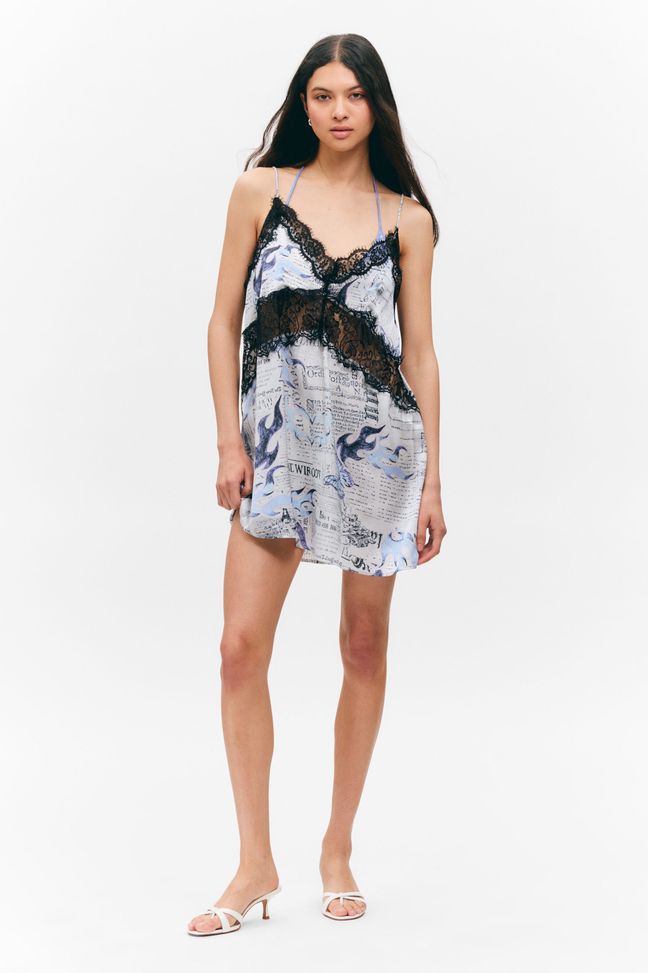 White Newspaper/Blue Flame - Lace-Trim A-line Mini Slip Dress - 1