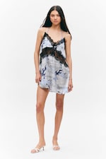 White Newspaper/Blue Flame - Lace-Trim A-line Mini Slip Dress - 0