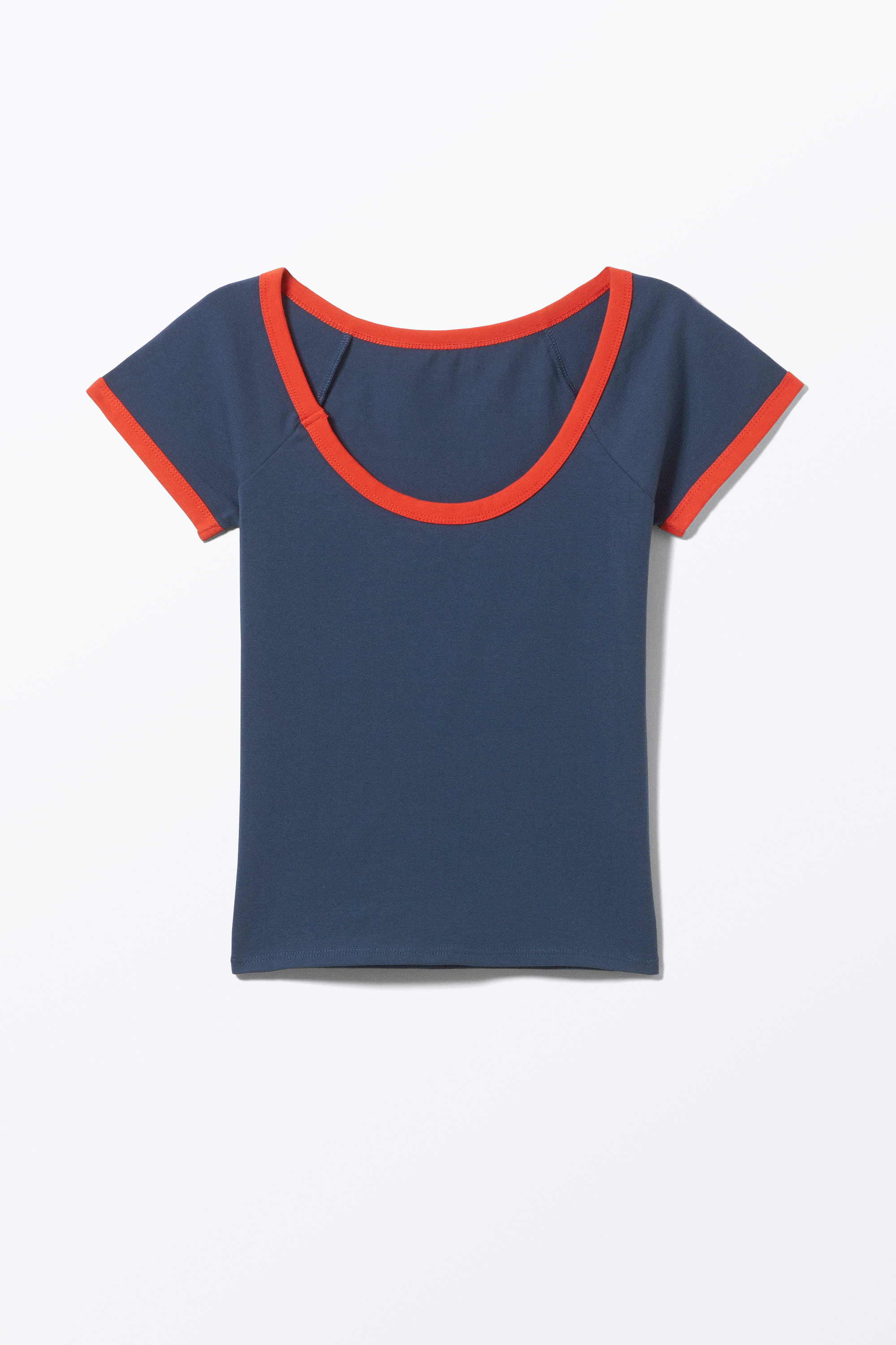 Dark Blue - Red Binding - Short-Sleeved Cowl Neck Top - 4