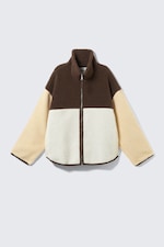 Brown/White/Yellow - Loose Fleece Zip Jacket - 4