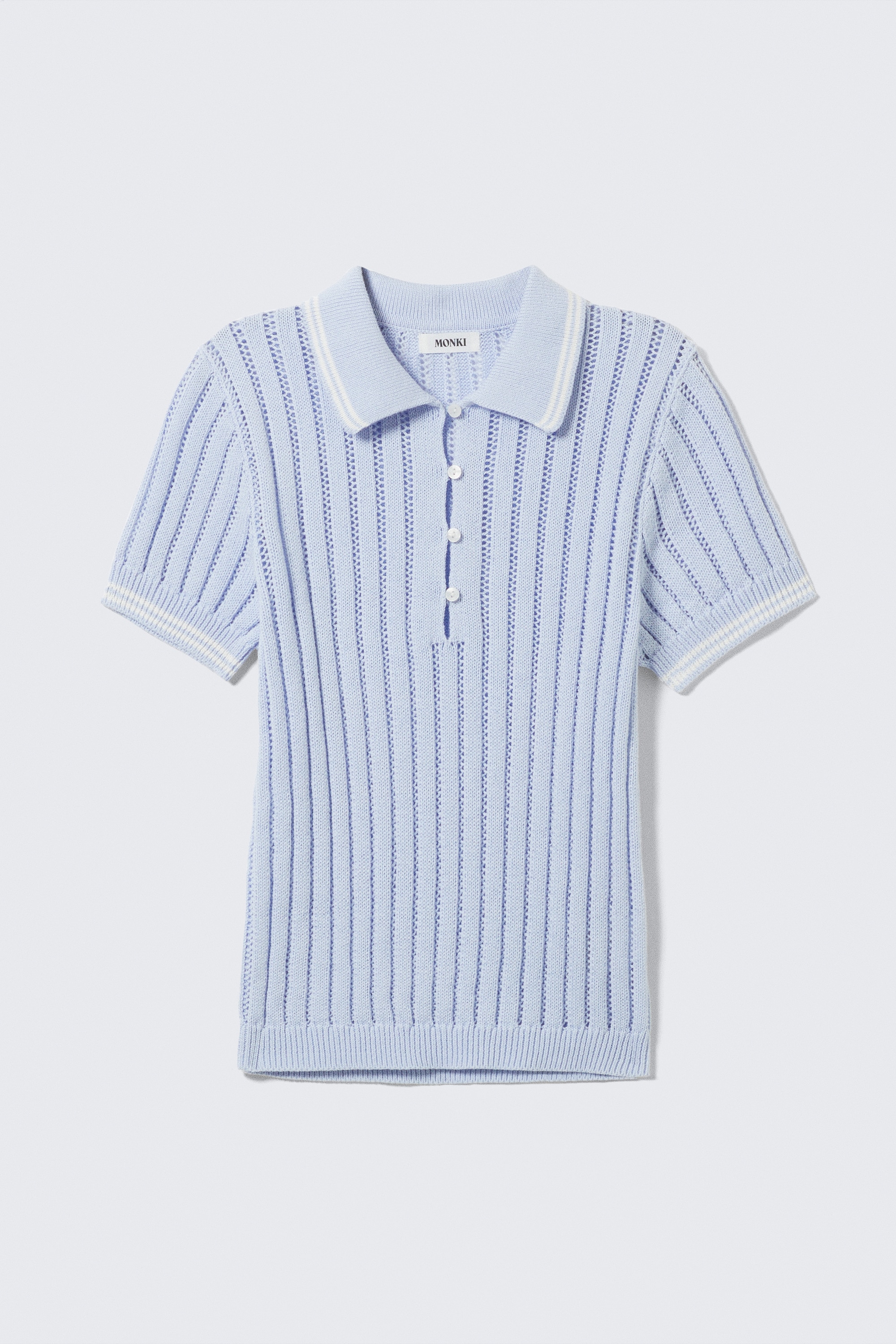 Knitted Short-Sleeved Cotton Polo Top - Light Blue - White Stripes/White - Red Stripes