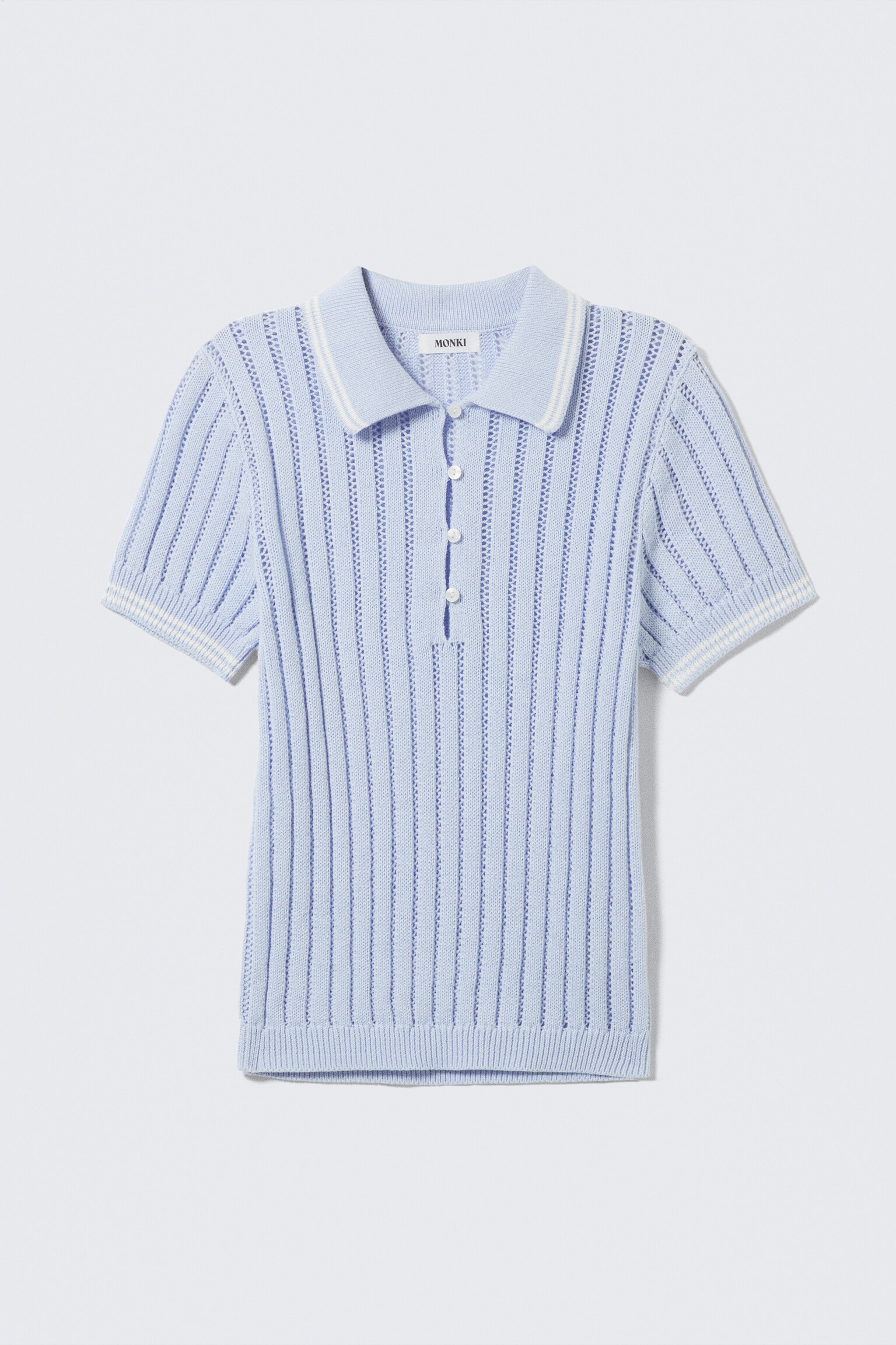 Knitted Short-Sleeved Cotton Polo Top - Light Blue - White Stripes/White - Red Stripes - 2