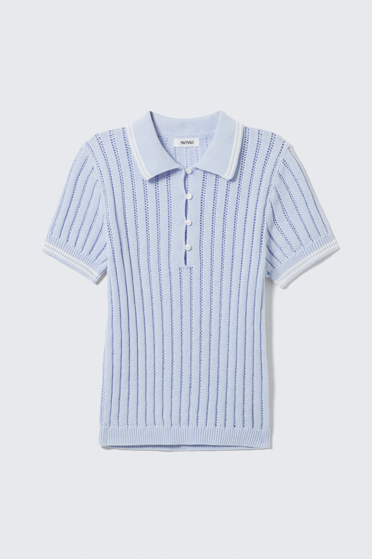 Knitted Short-Sleeved Cotton Polo Top - Light Blue - White Stripes/White - Red Stripes - 2