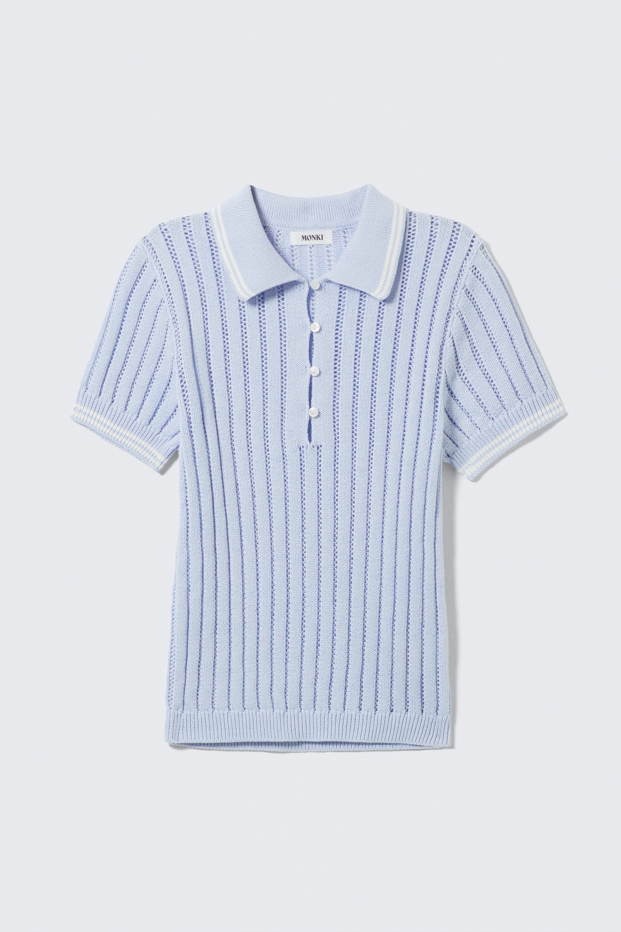 Visa större bild: Stickad kortärmad polo-topp i bomull - Ljusblå - vita ränder - DAM | H&M FI 5