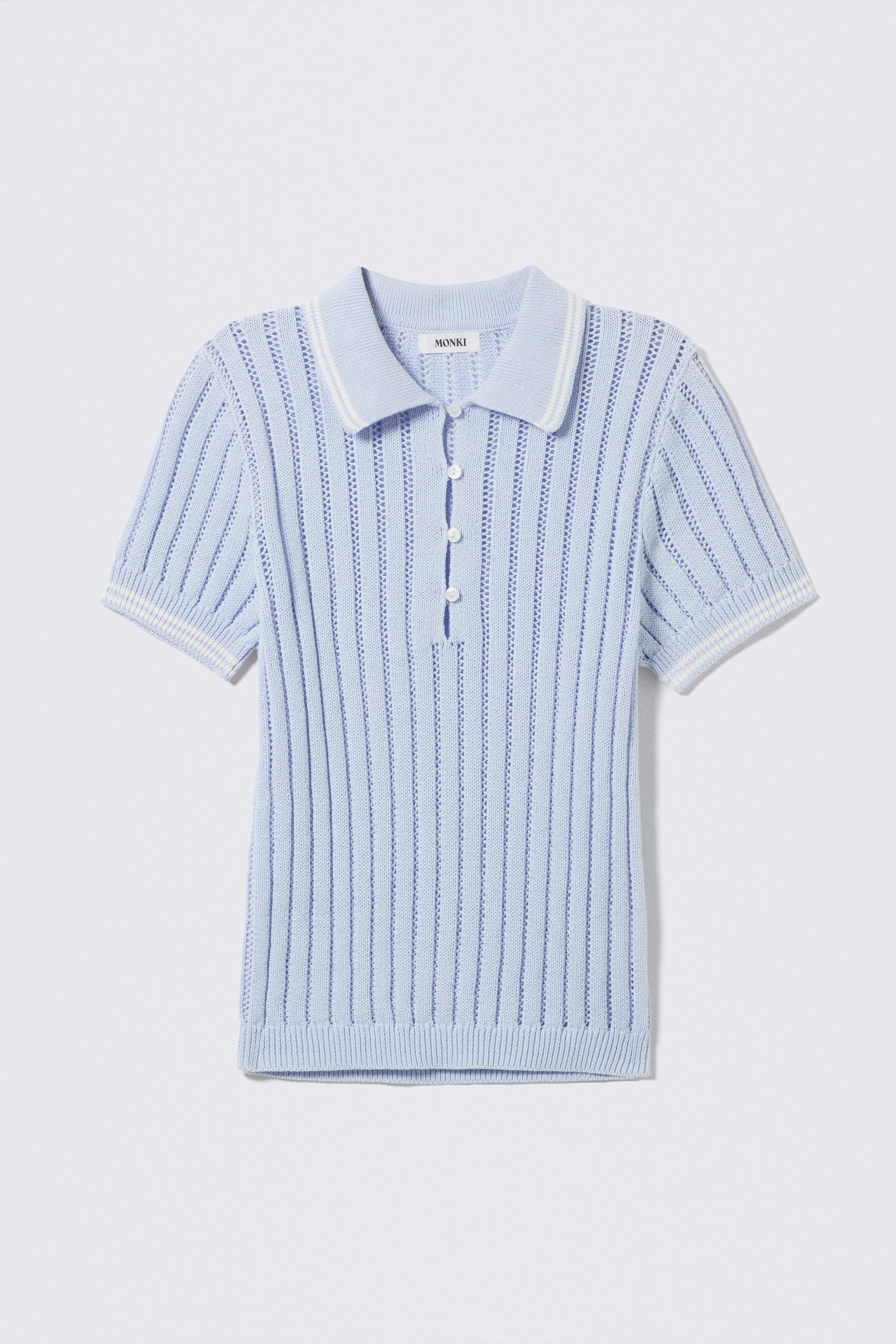 Light Blue - White Stripes - Knitted Short-Sleeved Cotton Polo Top - 4