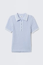 Ljusblå - vita ränder - Stickad kortärmad polo-topp i bomull - 4