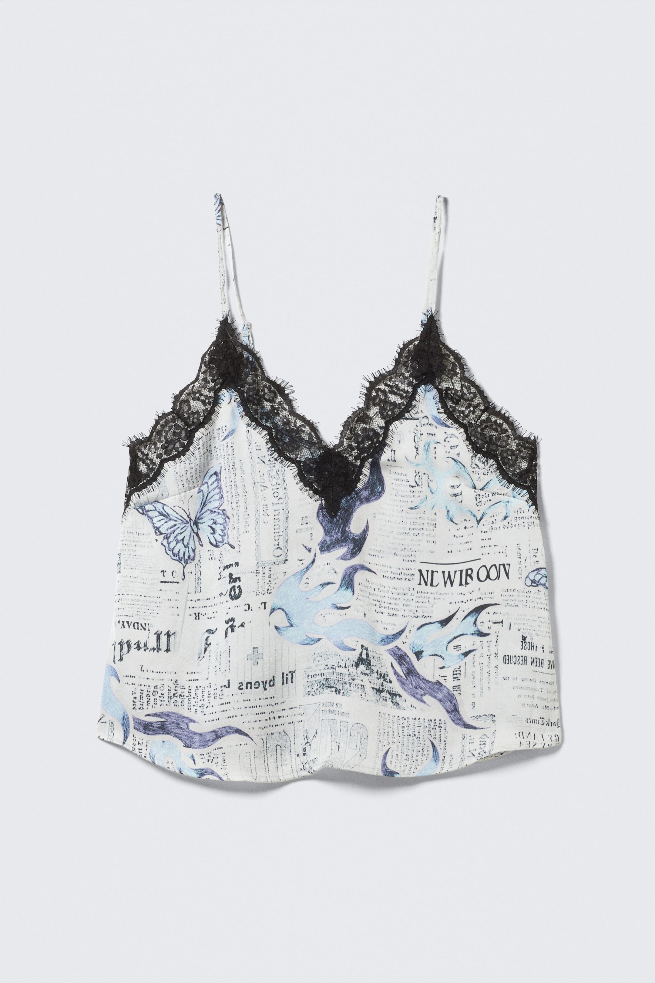 White Newspaper - Blue Flame - Lace-Trimmed Satin Camisole - 4