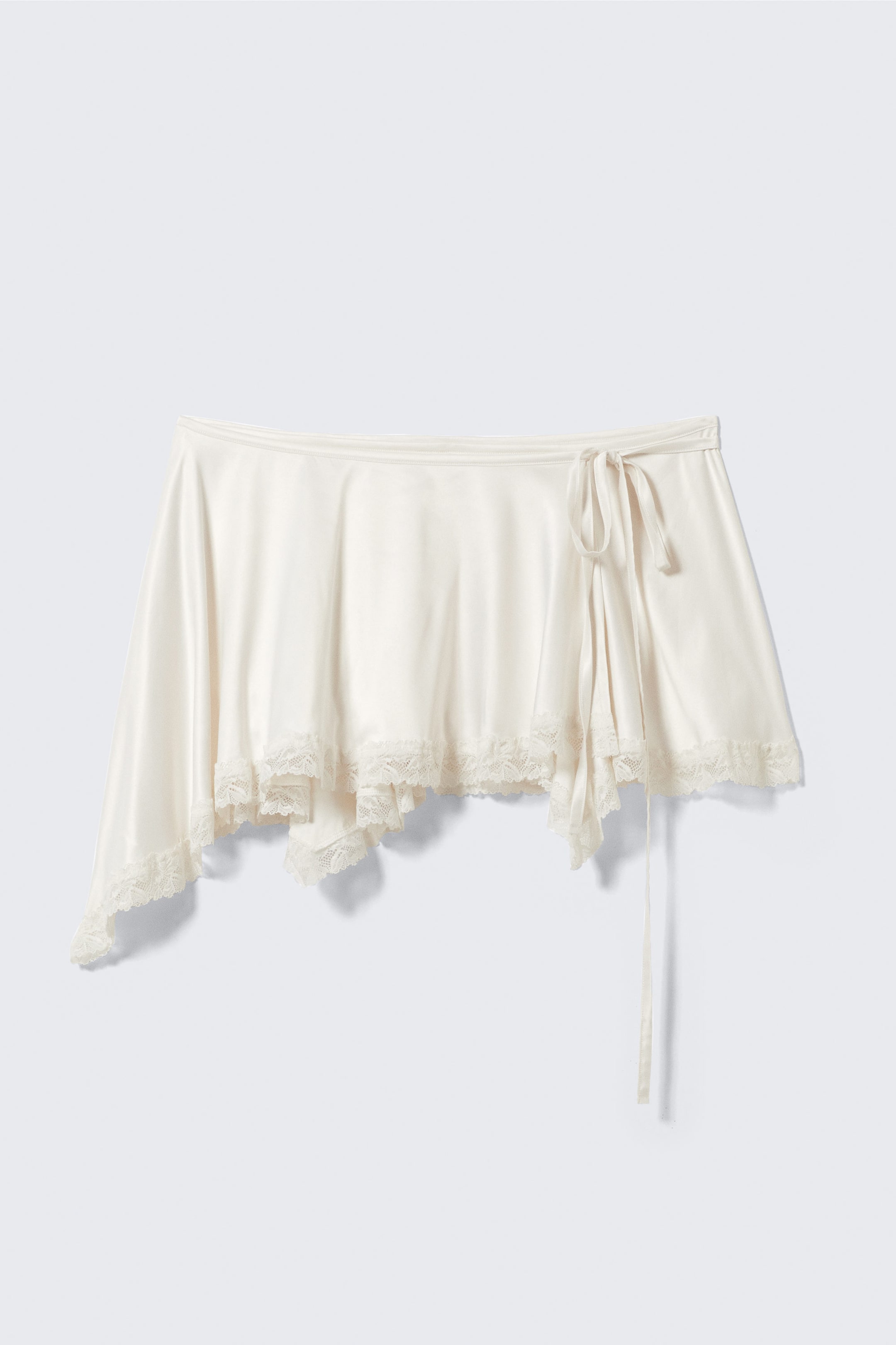 White - Lace-Trim Satin Wrap Mini Skirt - 4