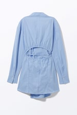 Light Blue Pinstripe - Long-Sleeved Mini Wrap Shirt Dress - 1