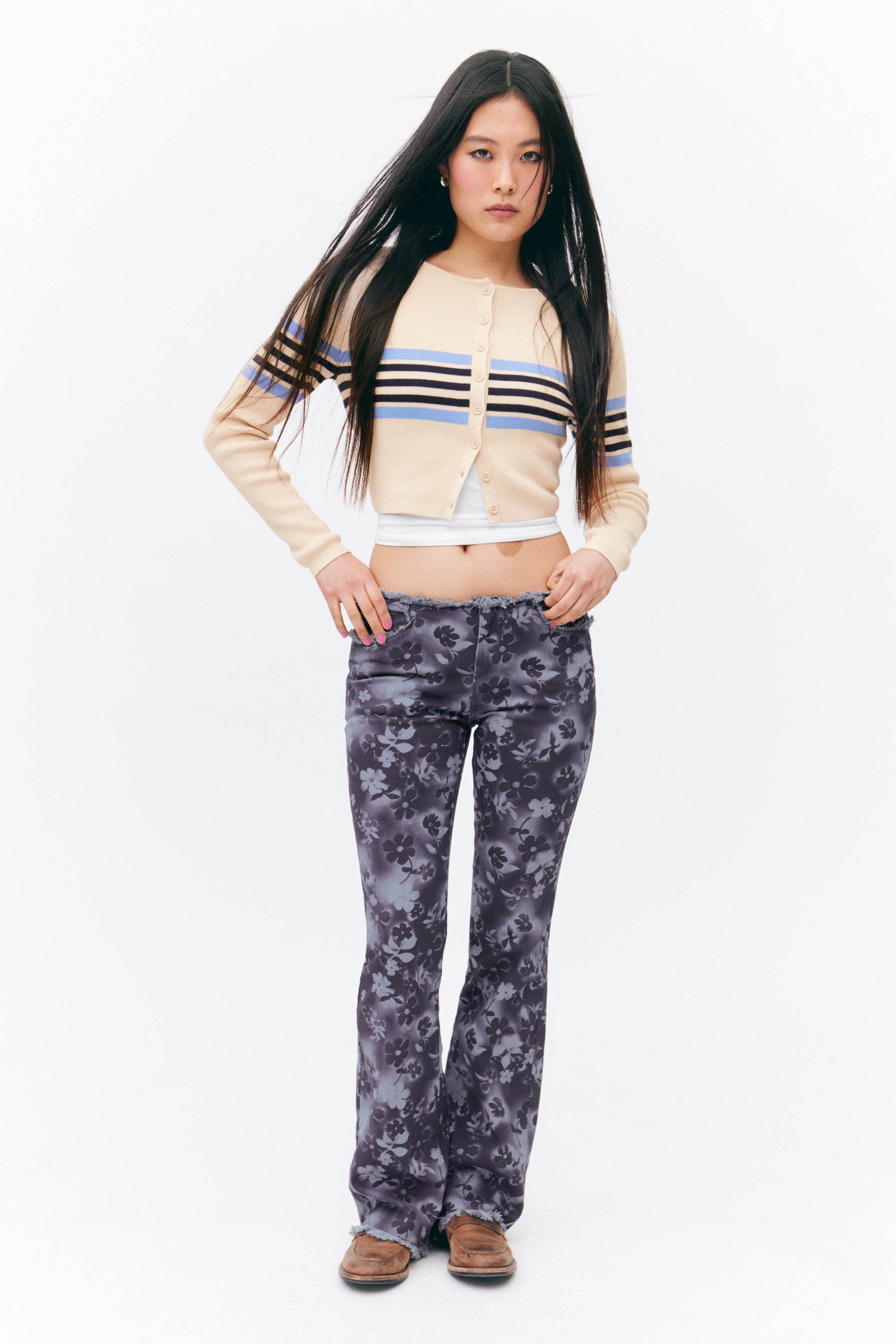 Blue Floral - Frayed Low Waist Twill Trousers - 0