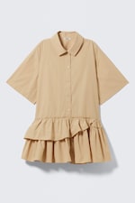 Beige - Oversized mini-overhemdjurk met ruches - 4