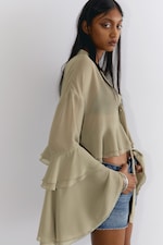 Khaki Green - Flared Frill-Sleeved Tie-Neck Blouse - 1
