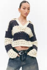 White & Dark Blue Stripe - Loose Open-Knit Sweater - 0