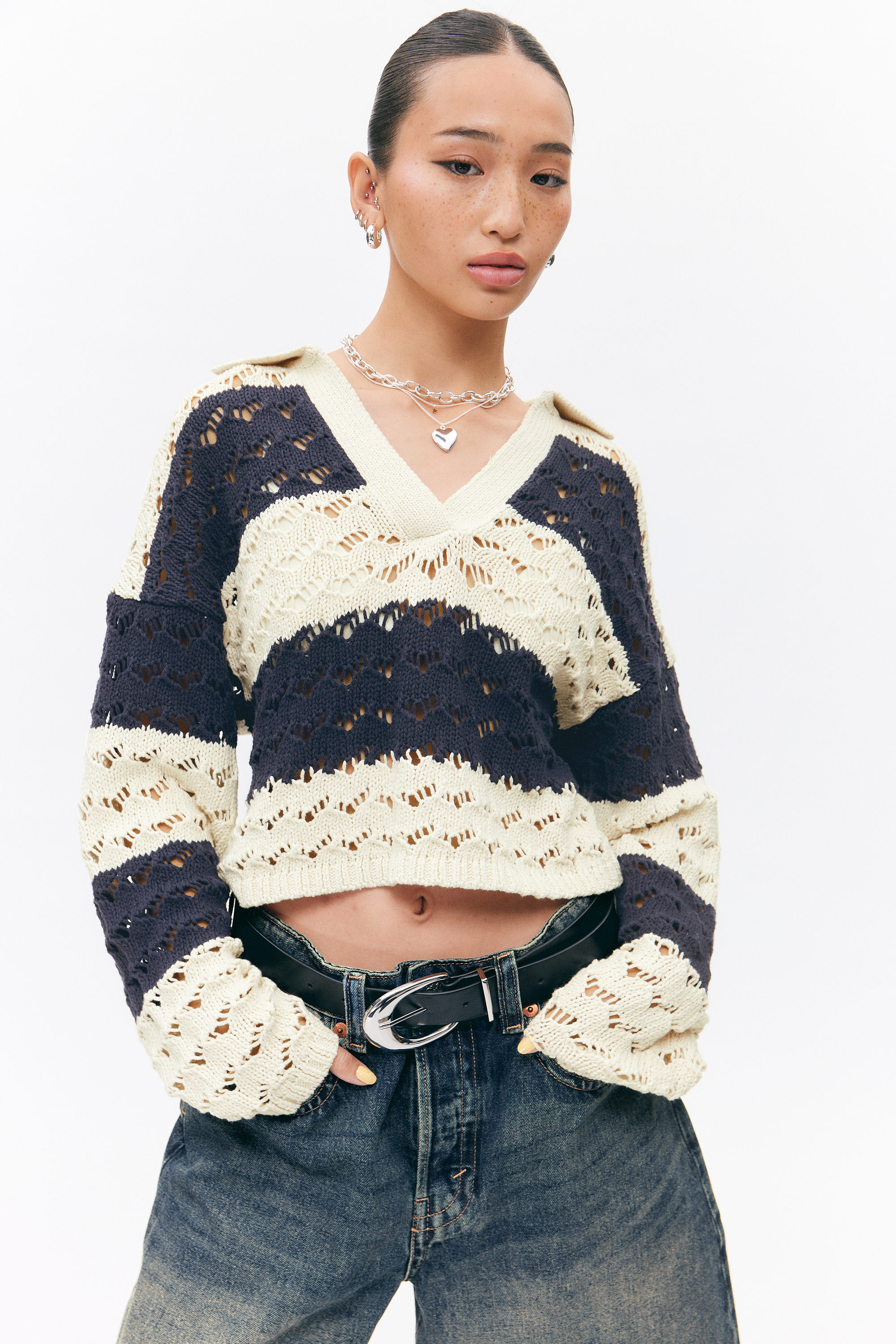 White & Dark Blue Stripe - Loose Open-Knit Sweater - 1