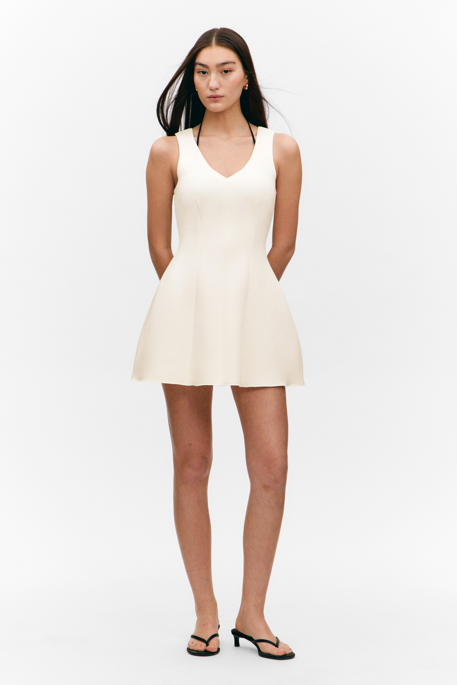 V-Neck Fit-and-Flare Scuba Dress - White/Black - 1