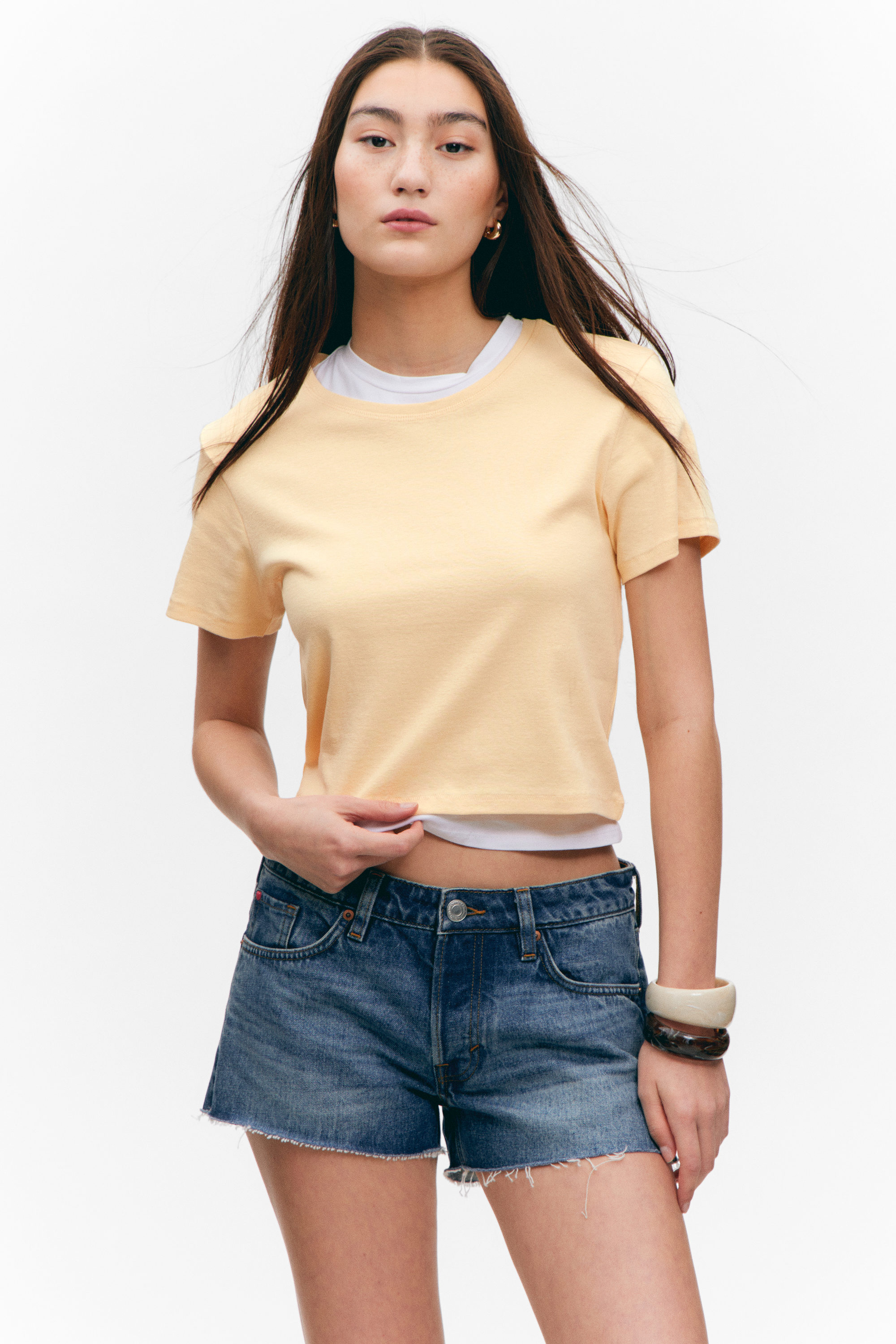 Light Yellow - Cropped Fitted Cotton T-Shirt - 1