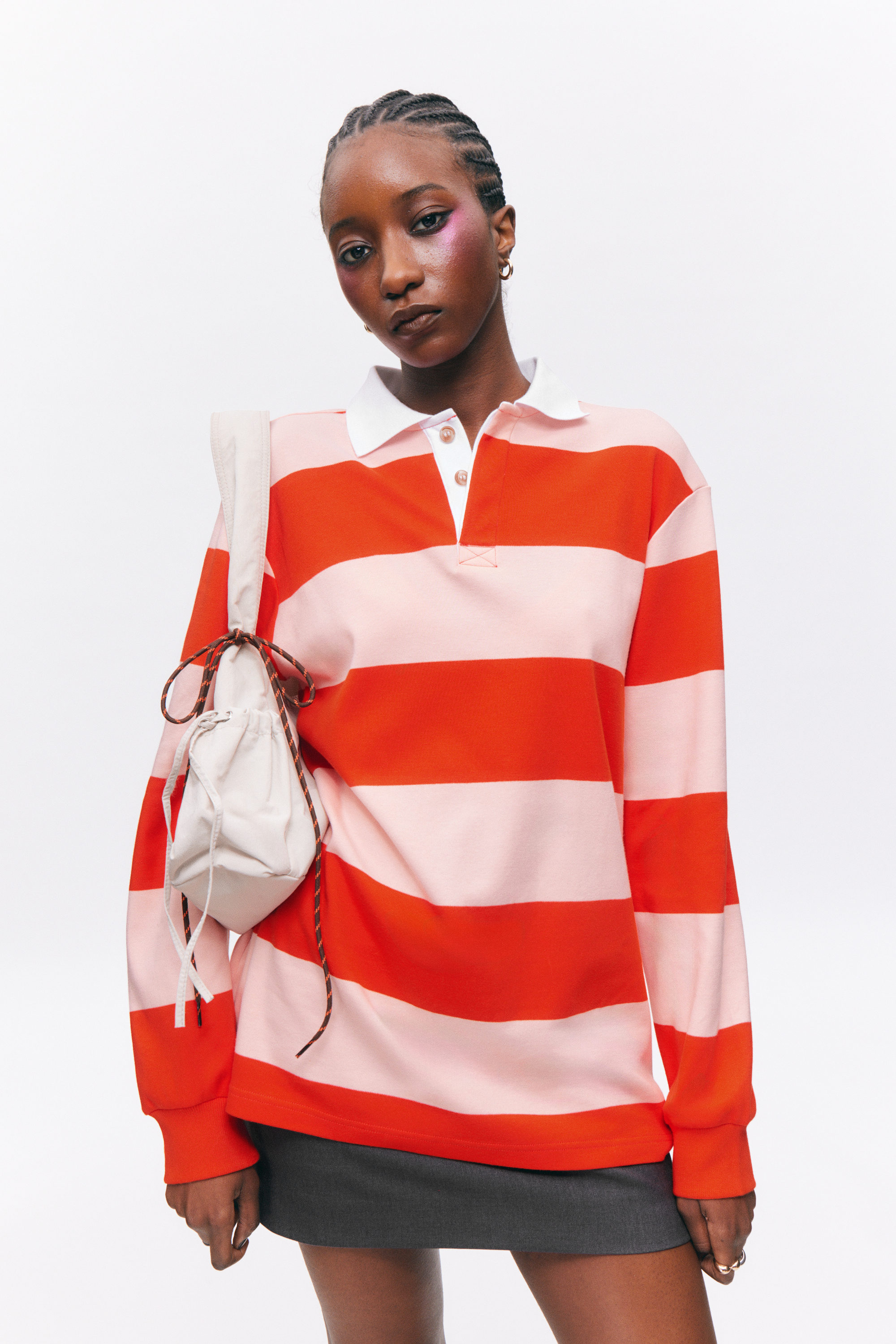 Red & Pink Stripes - Long-Sleeved Rugby Mini Dress - 2