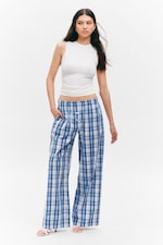 Blue Check - Wide-Leg Cotton Twill Trousers - 0