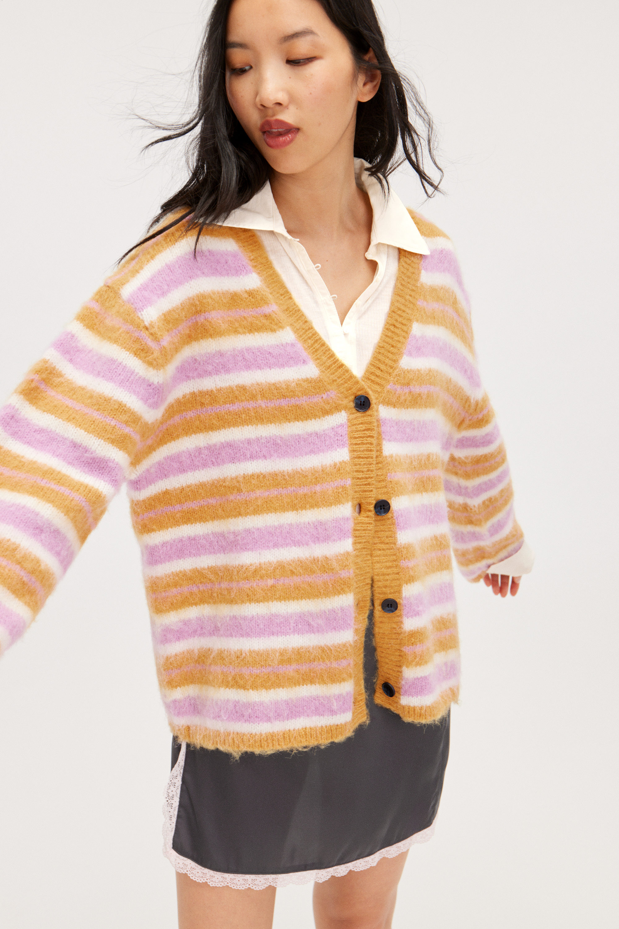 Dark Yellow Stripe - Fluffy knit cardigan - 0