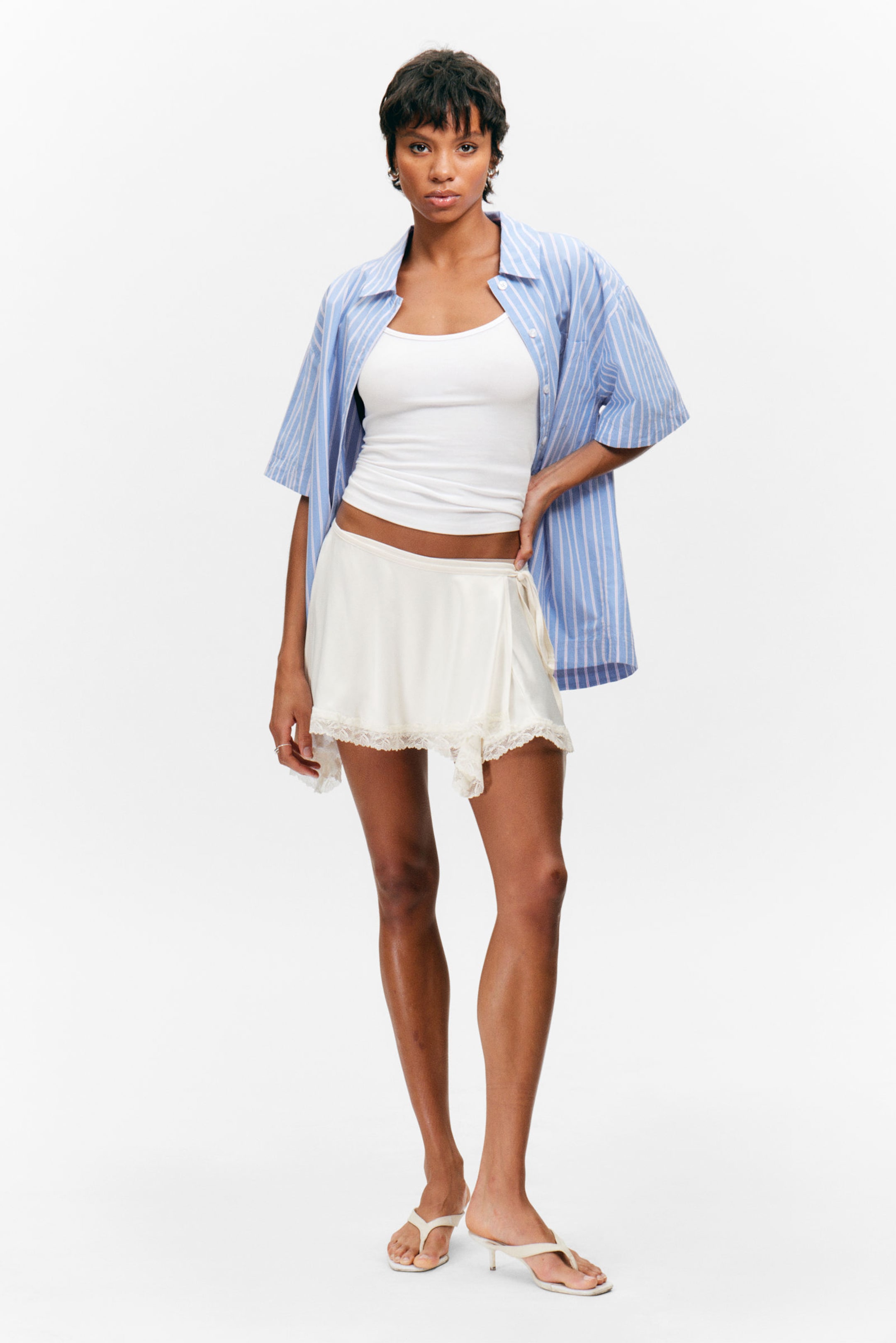 Striped Blue & Pink - Oversized Short-Sleeved Cotton Poplin Shirt - 2