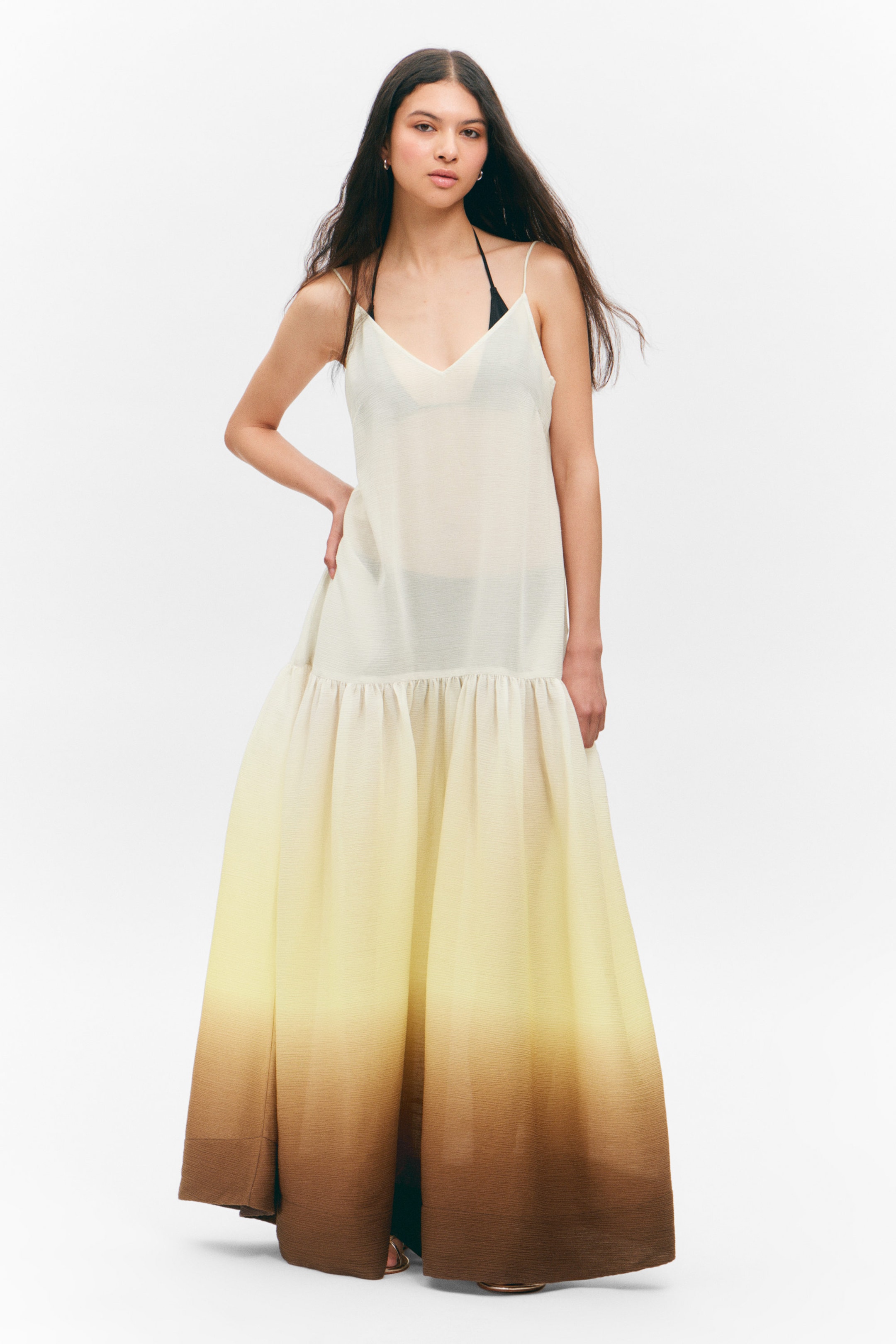White/Yellow/Brown - Gradient - Tiered Printed Cotton Maxi Dress - 1