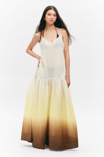 White/Yellow/Brown - Gradient - Tiered Printed Cotton Maxi Dress - 0
