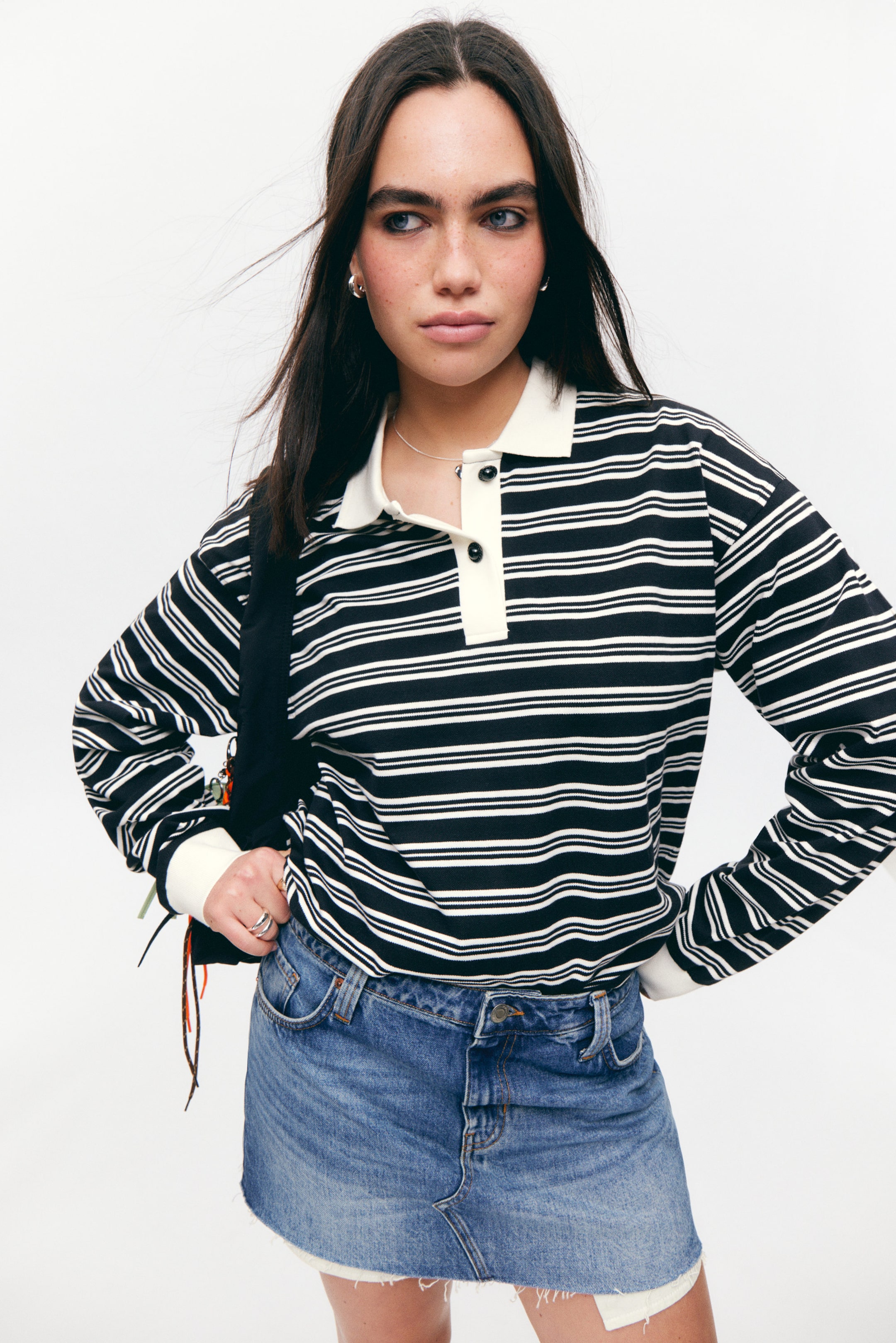 Black & White Stripes - Long Sleeve Rugby Polo Top - 1