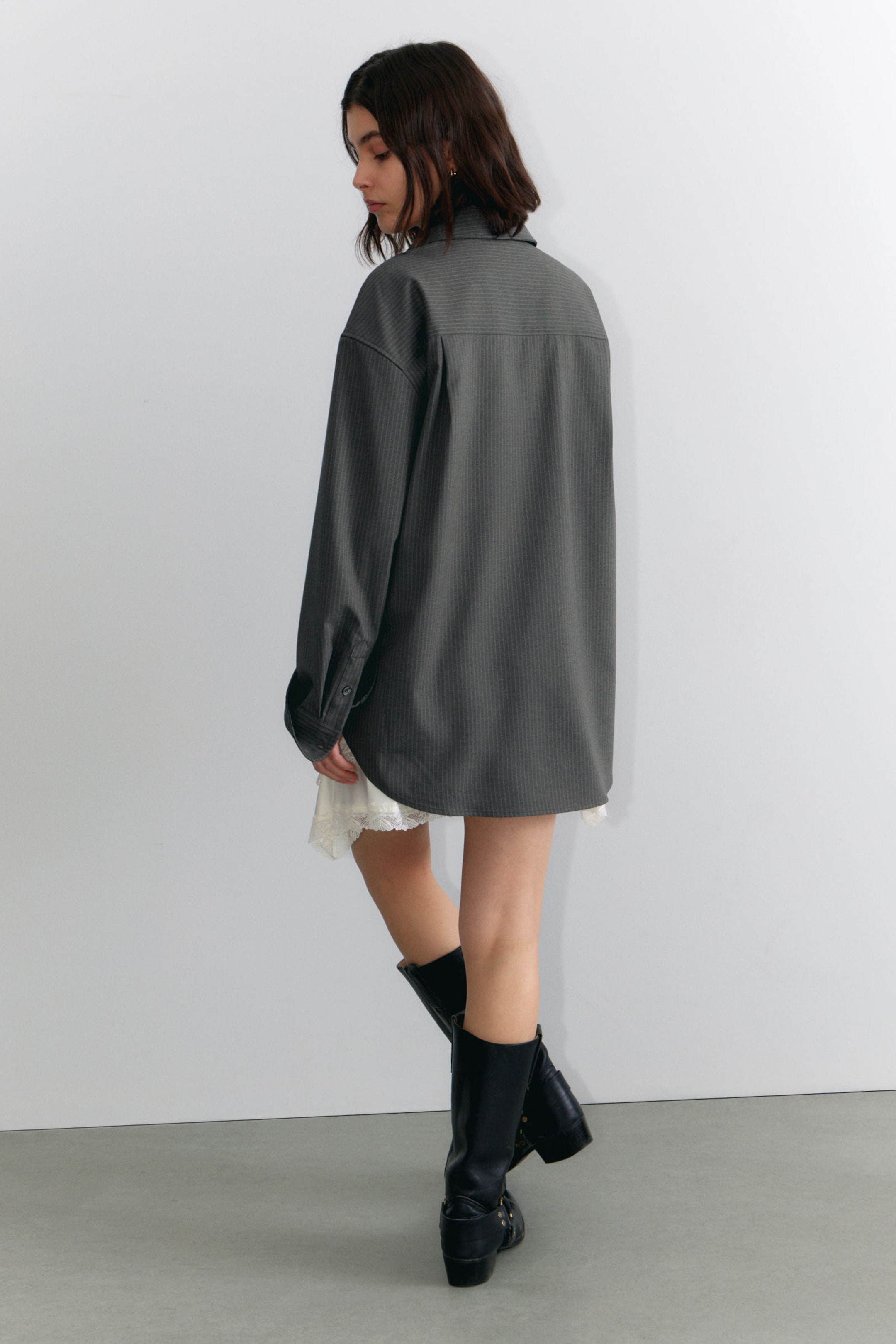 Pinstriped Dark Grey - Long-Sleeved Oversized Poplin Shirt - 2