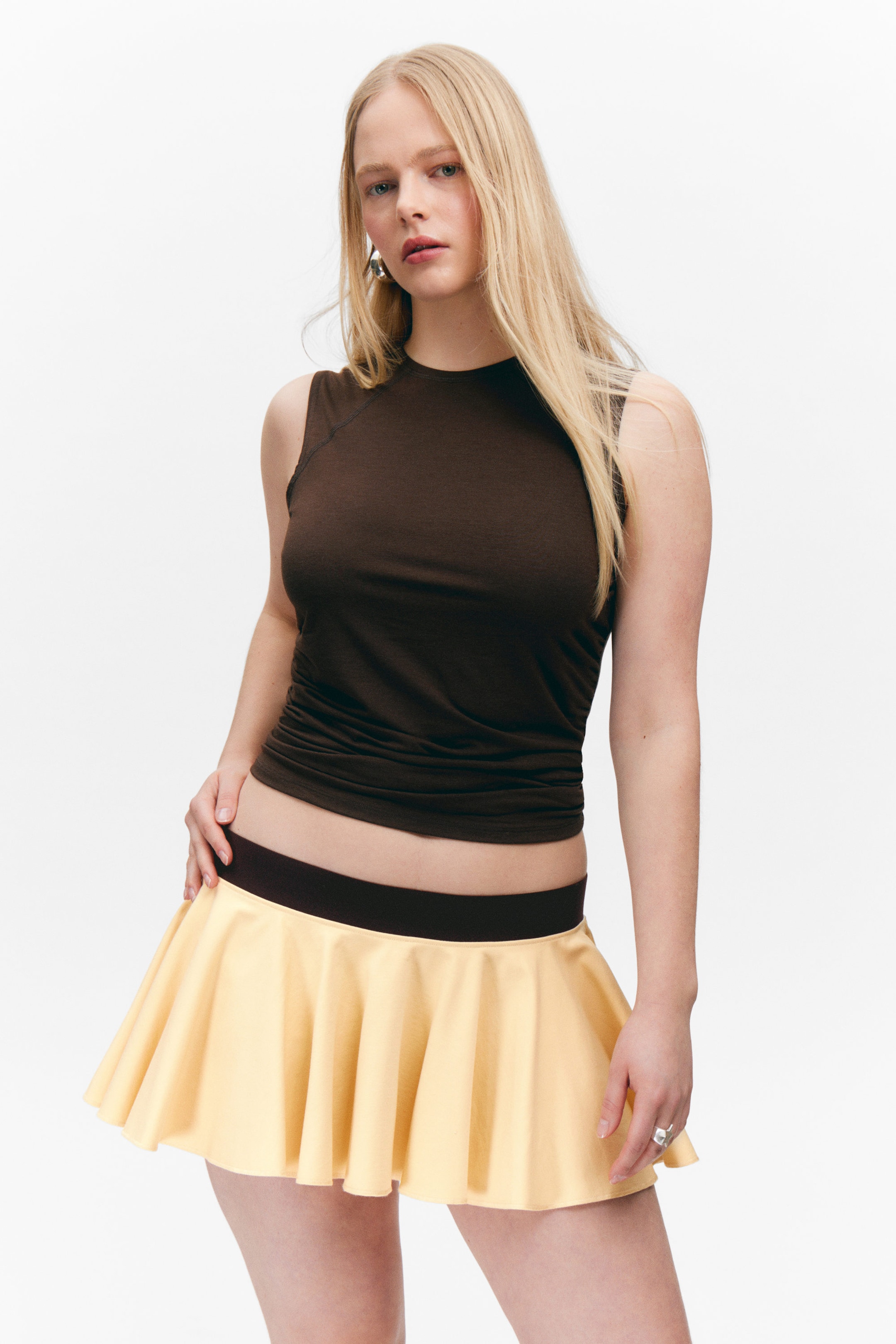 Yellow - Black Waistband - Low Rise Flared Mini Skort - 2