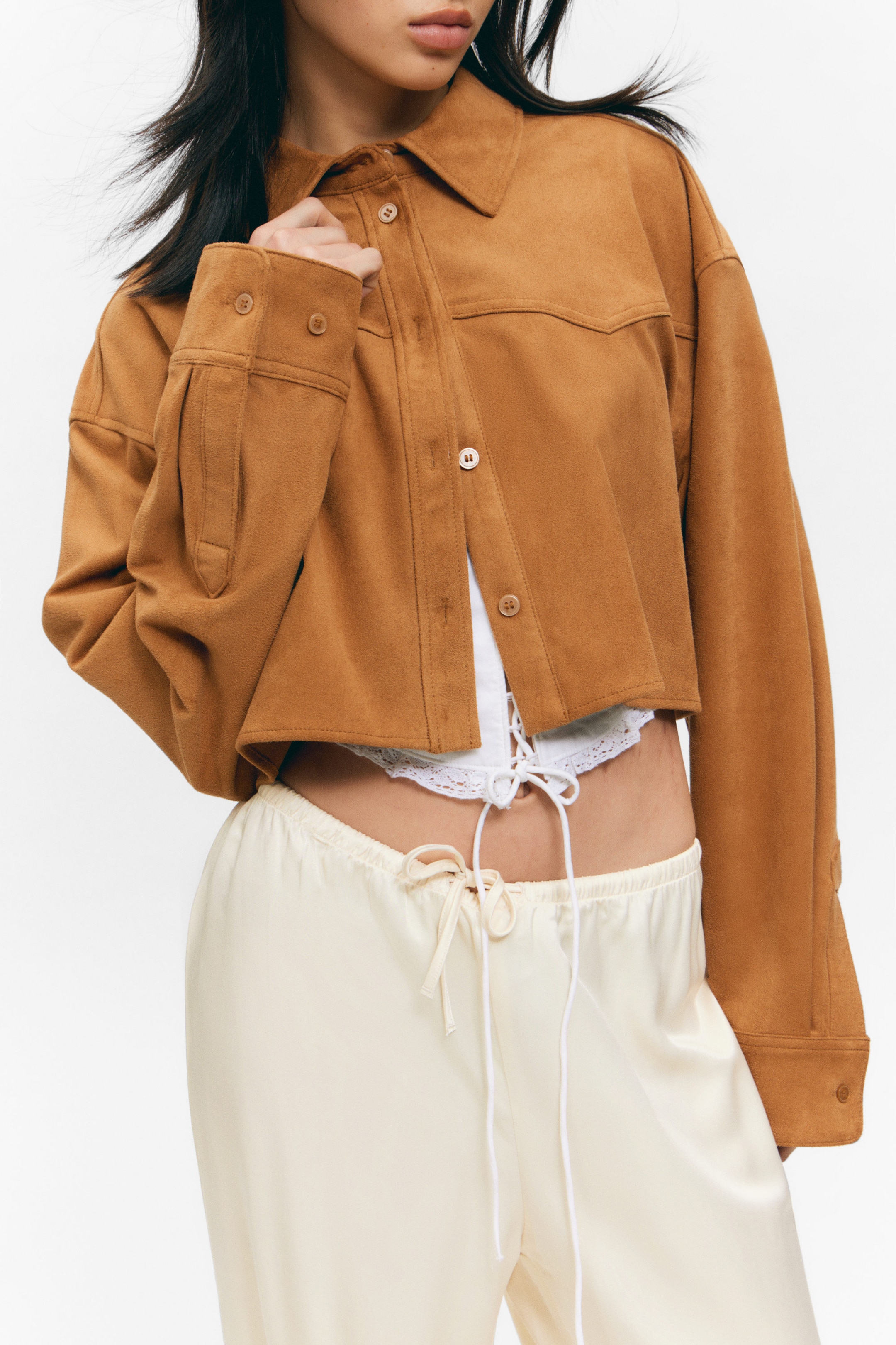 Brun - Croppad faux-mocka western skjorta - 2