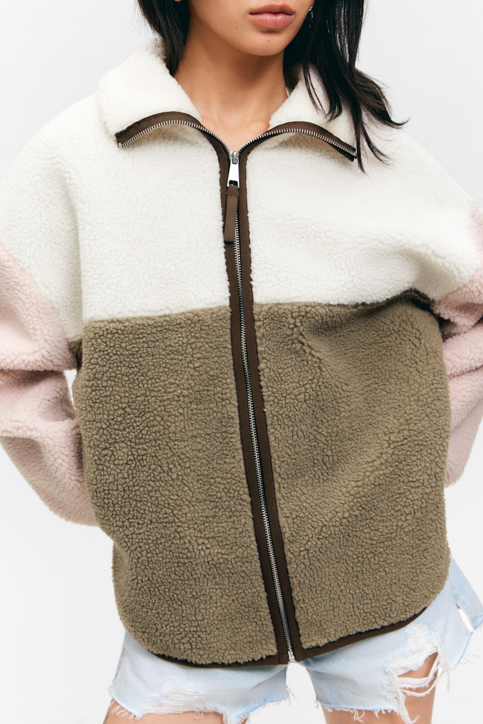 Loose Fleece Zip Jacket - White/Khaki/Pink/Brown/White/Yellow/Dusty White - Pink Lining/Black - 5