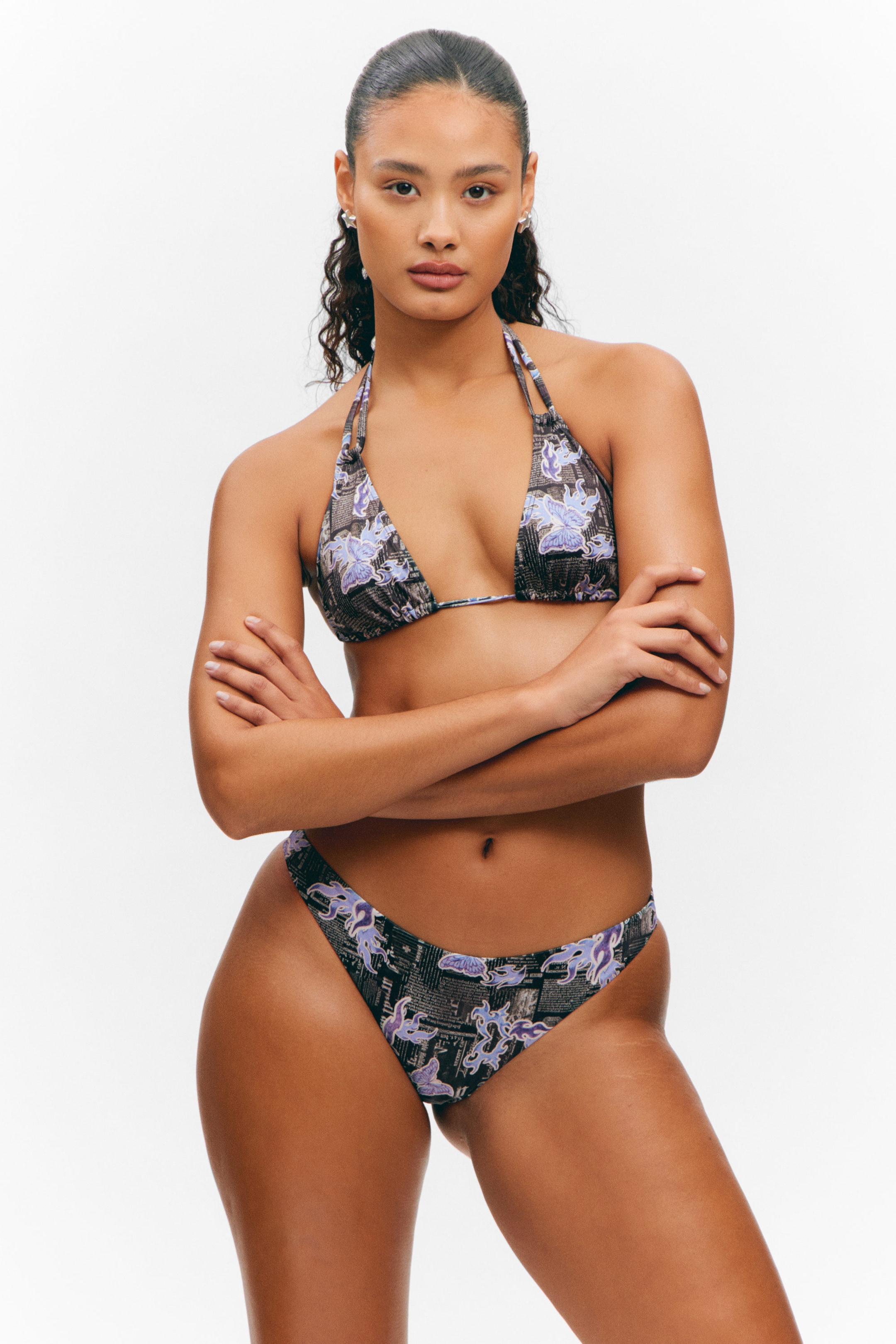 Black Newspaper/Blue Flame - Printed Brazilian Cut Bikini Bottoms - 2