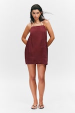 Burgundy - Tie-Back Twill Mini Dress - 0