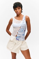 White Lace/Newspaper - Patchwork Asymmetric Jersey Tank Top - 0