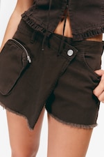 Dark Brown - Asymmetric Cotton Twill Wrap Skort - 1