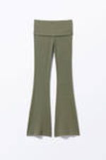 Dark Khaki Green - Low Waist Flared Ribbed Trousers - 3