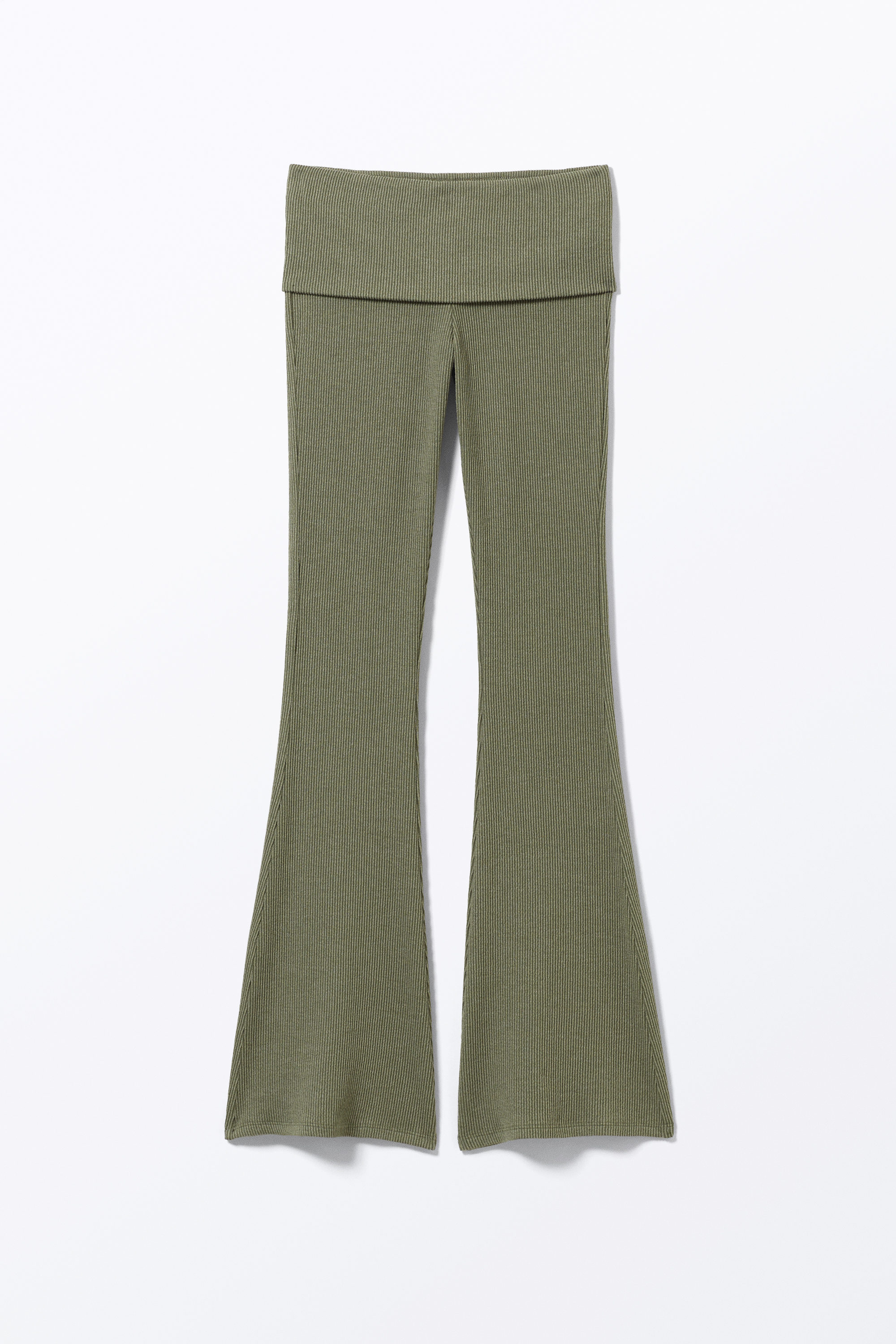 Dark Khaki Green - Low Waist Flared Ribbed Trousers - 3
