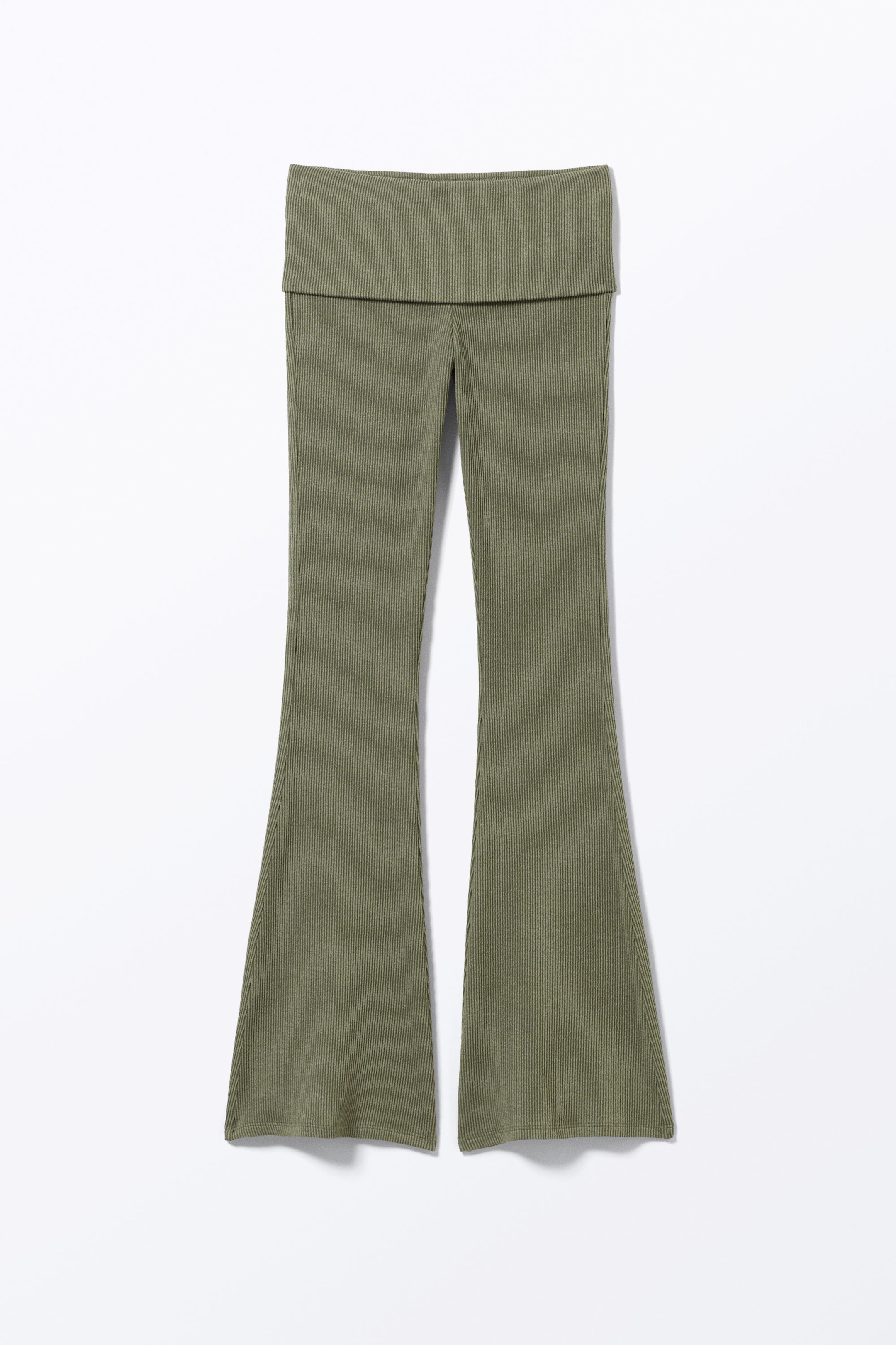 Donker kakigroen - Wijd uitlopende geribde broek met lage taille - 0