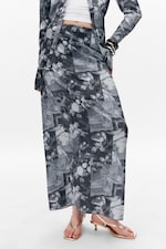 Dark Grey - Collage Print - Printed Low Rise Maxi Skirt - 1