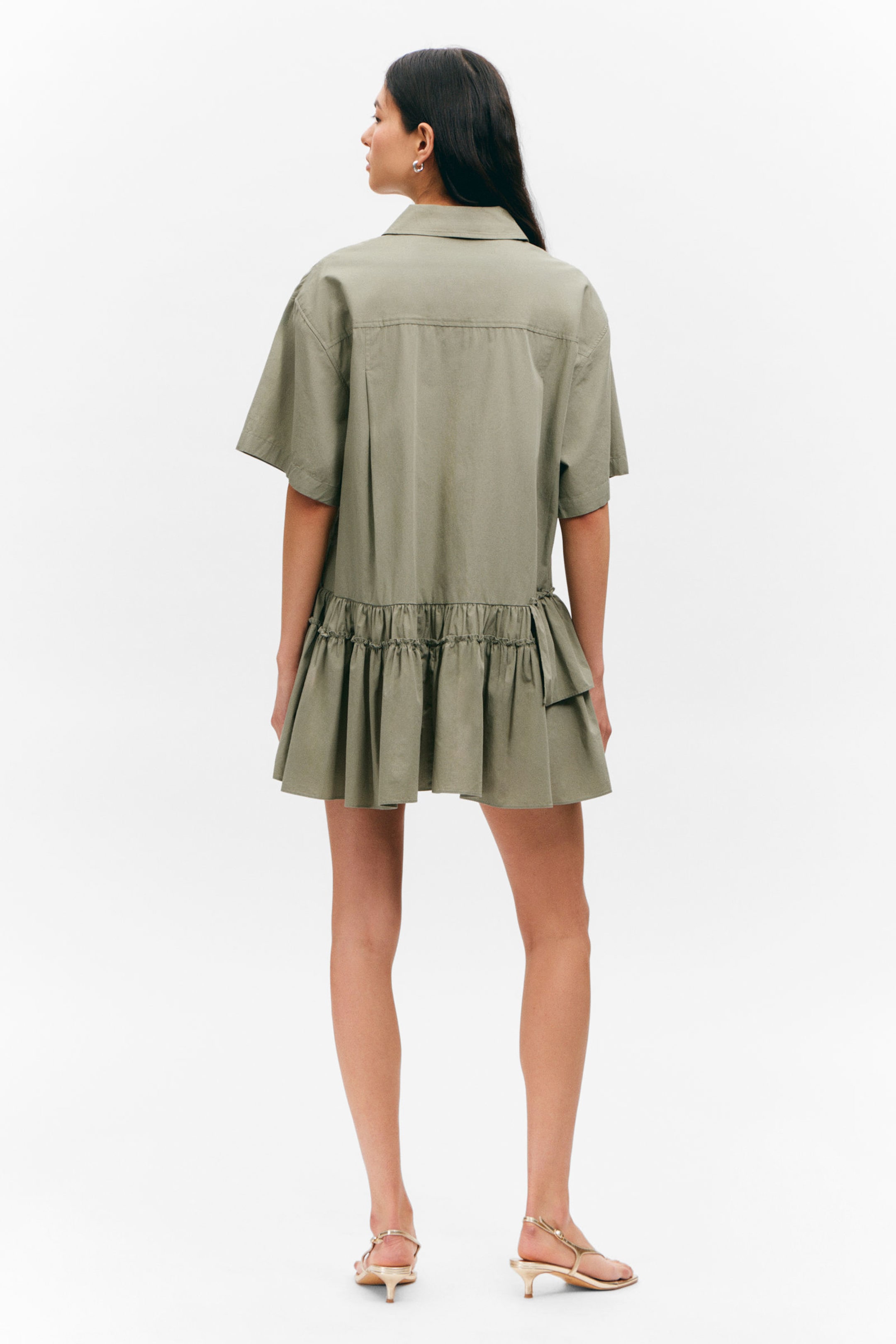 Khaki Green - Oversized Ruffled Mini Shirt Dress - 3