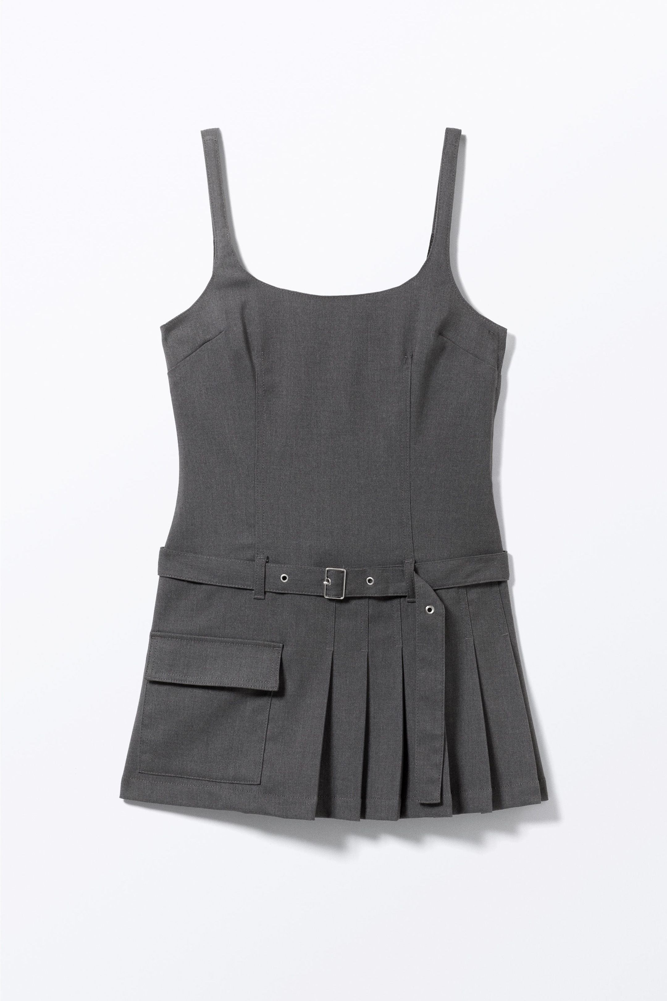 Dark Grey - Belted Pleated Mini Dress - 4