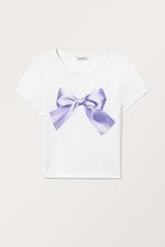 Weiß - Lila Schleife - Kurzes T-Shirt - 0