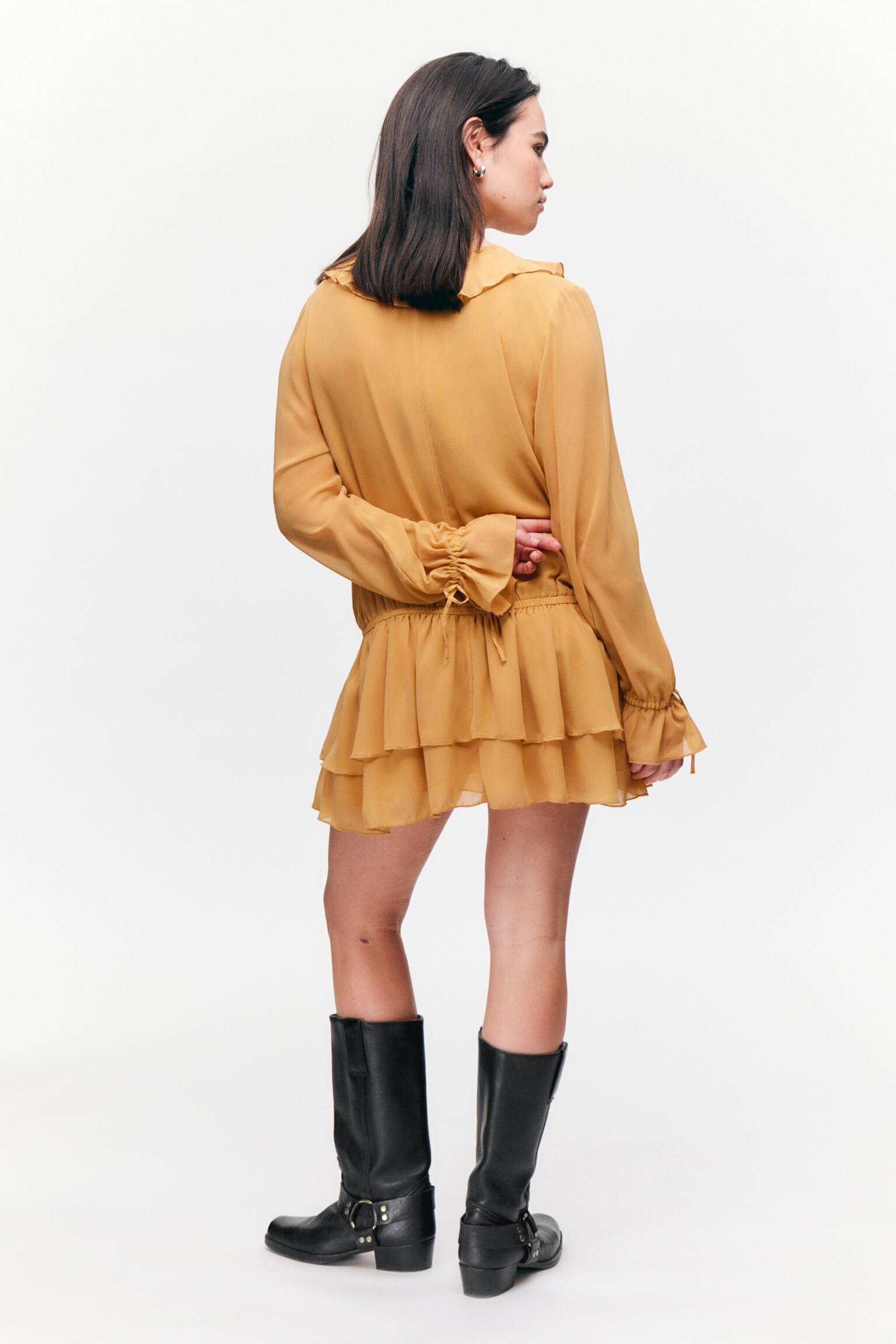 Frilled V-neck Mini Dress - Mustard Yellow/Dark Brown - 3