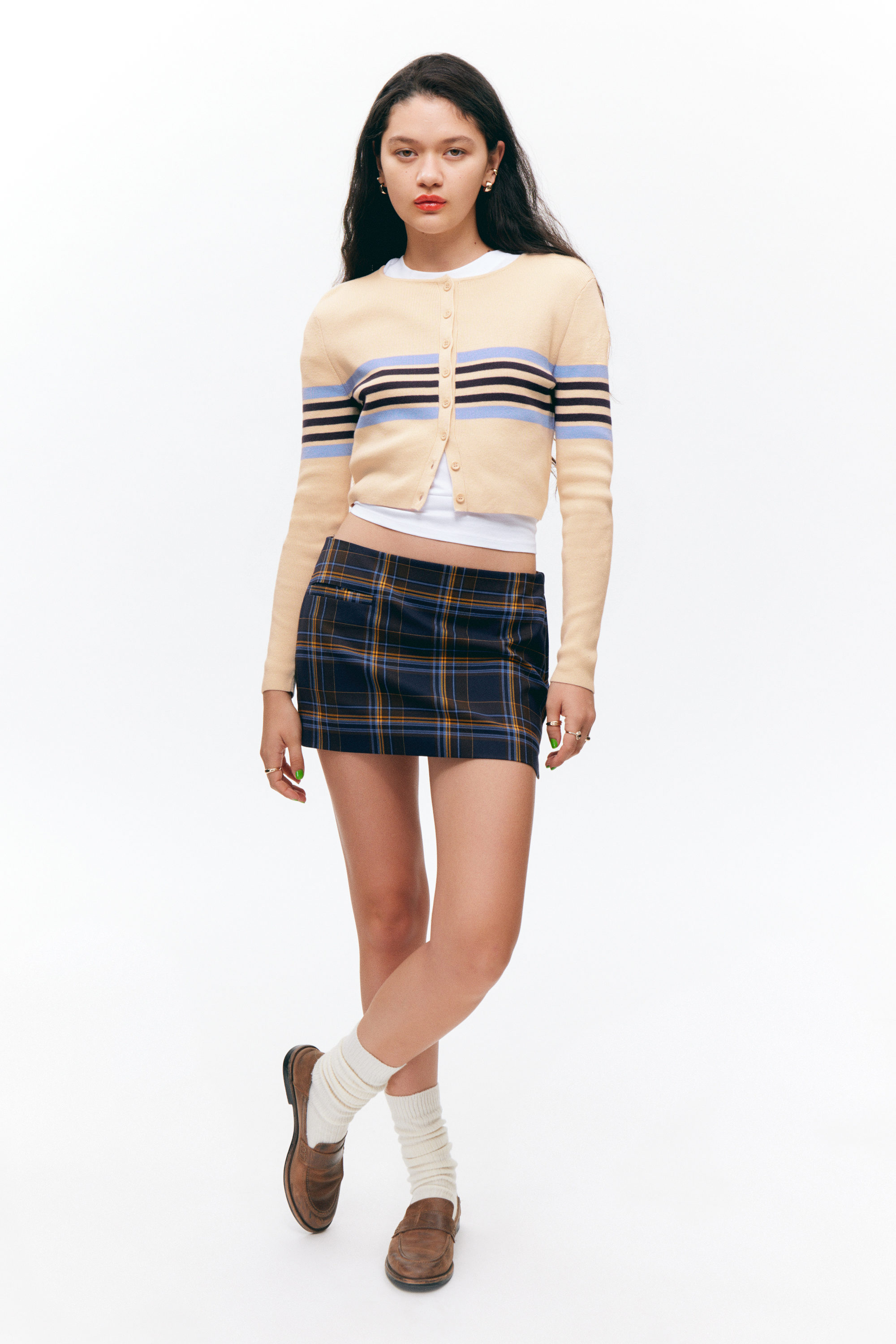 Dark Blue Check - Low Waisted Mini Suiting Skirt - 0