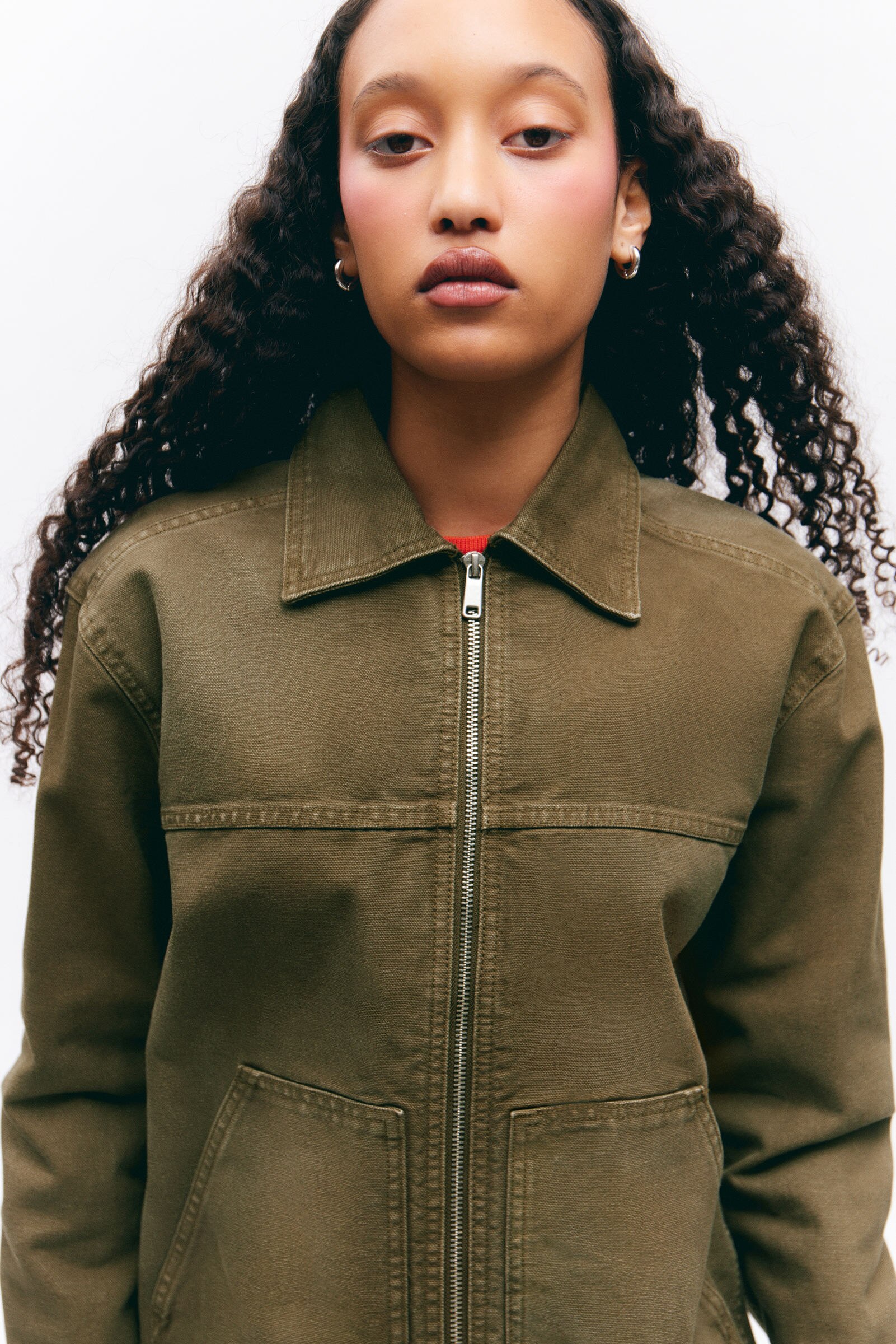 two-way zip oxford jacket - Dark Khaki Green | Monki WW