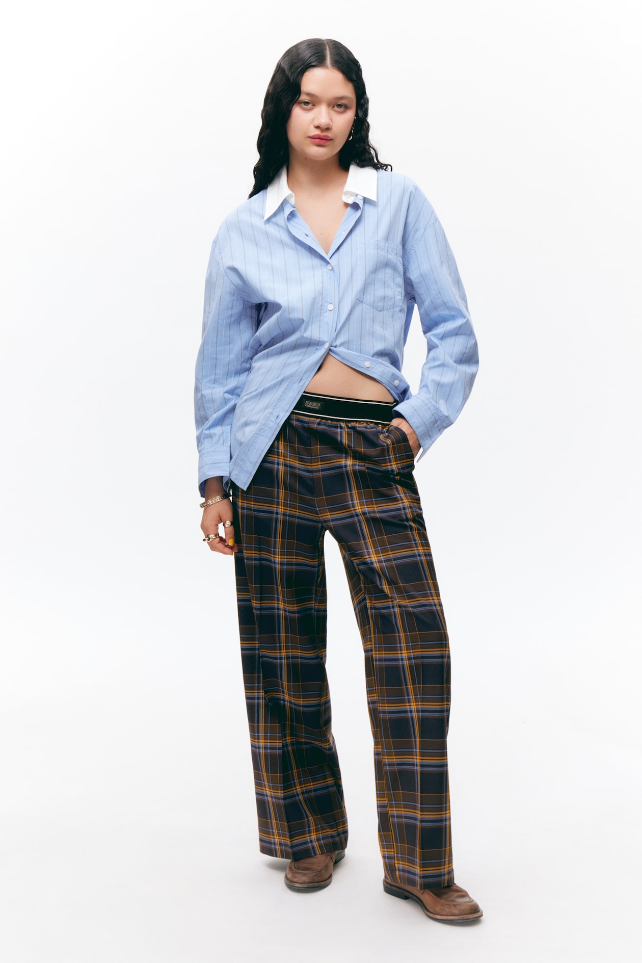 Pantalon de tailleur ample et élastique Bleu foncé à carreaux FEMME  H&M FR
