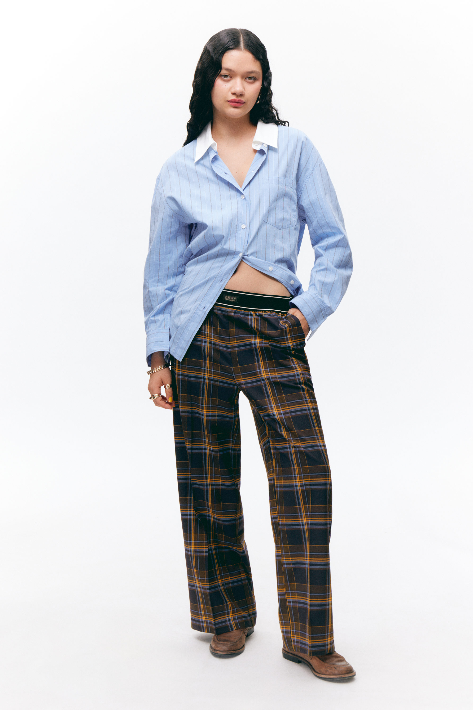 Checked Dark Blue - Loose Elastic Suiting Trousers - 1