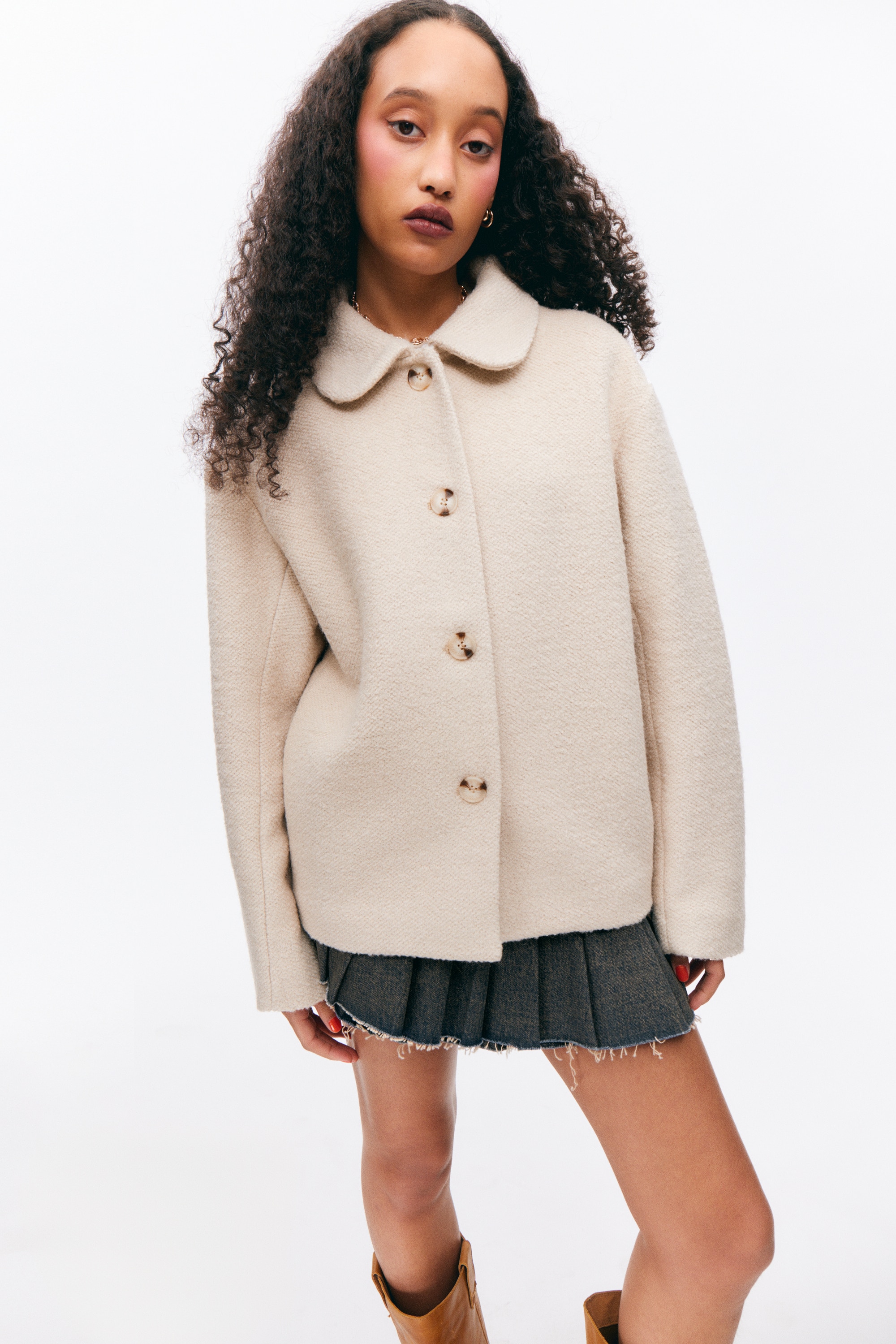 Enkelknäppt jacka i ullblandning - Ljusbeige/Off-white/Marinblå